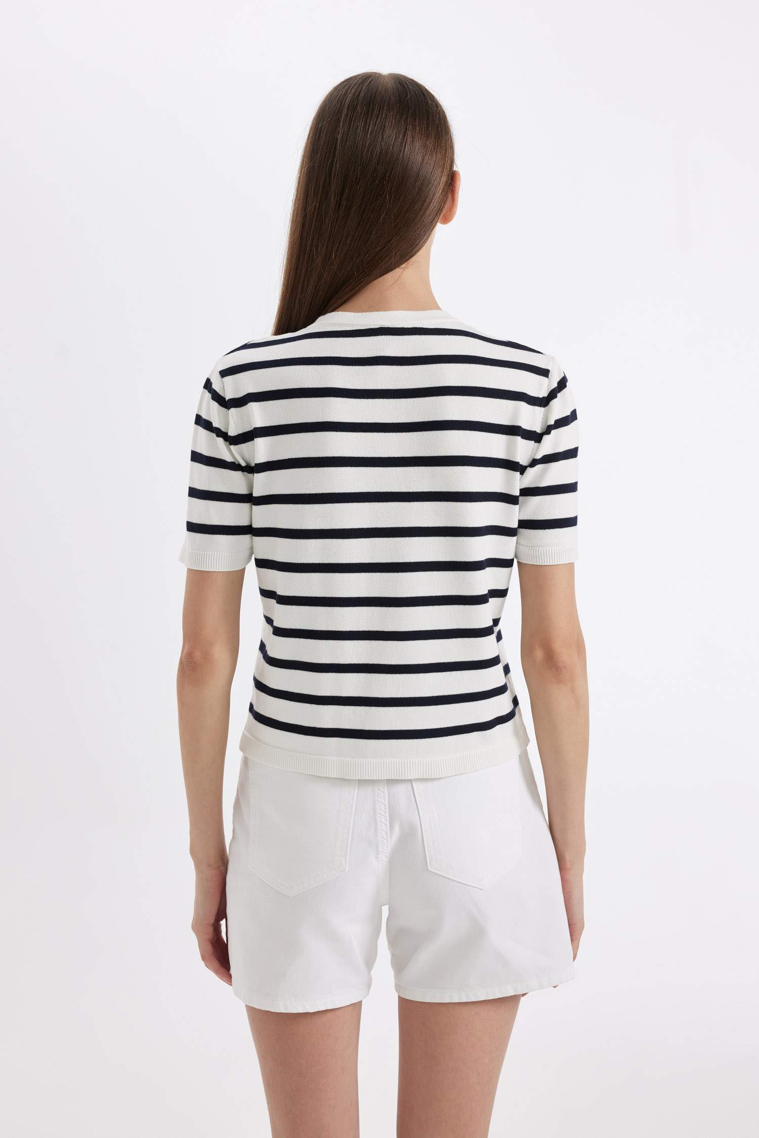 Regular Fit Çizgili Düğmeli Kısa Kollu Triko Hırka