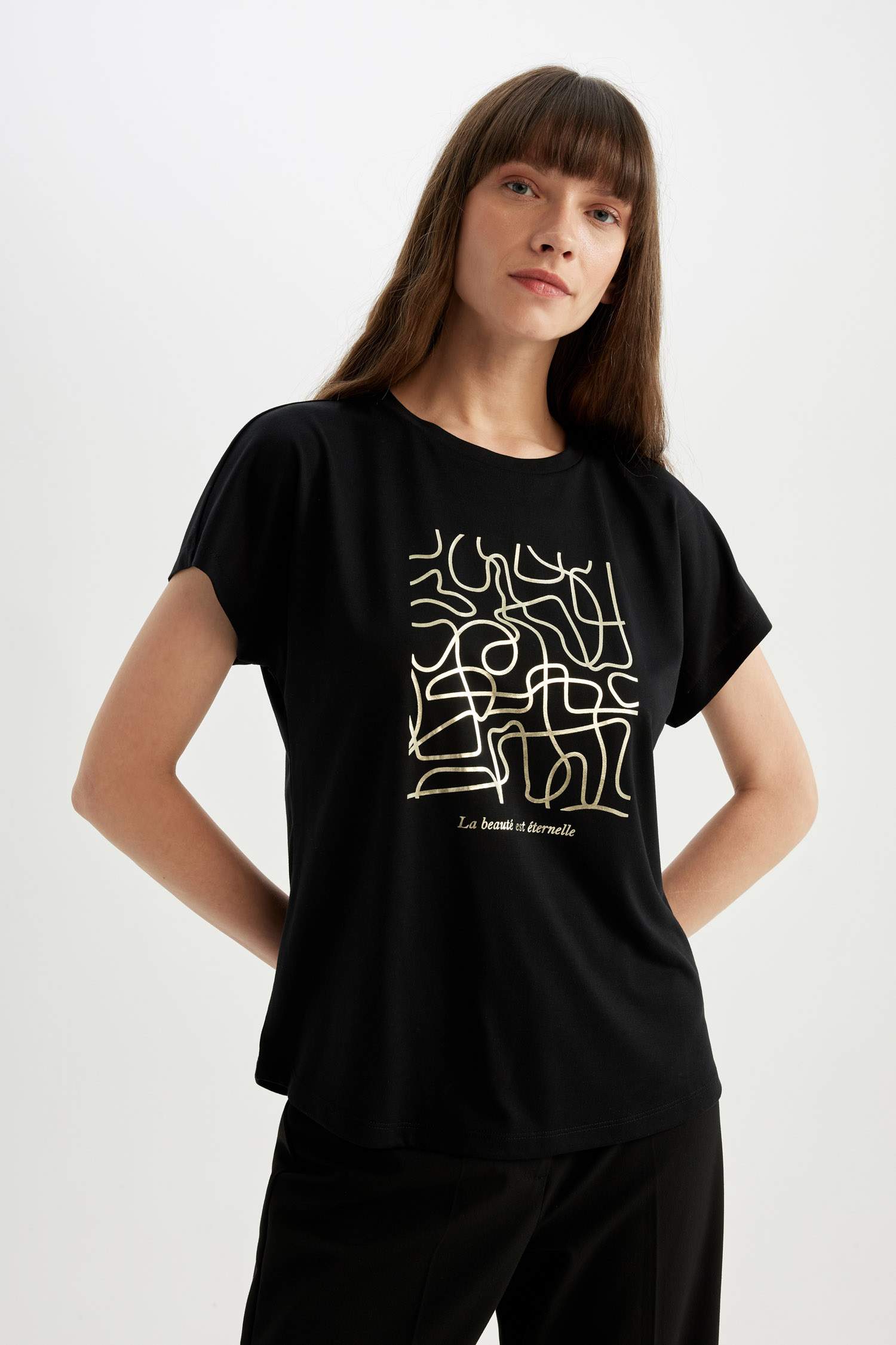 Regular Fit Bisiklet Yaka Baskılı Kısa Kollu Tişört