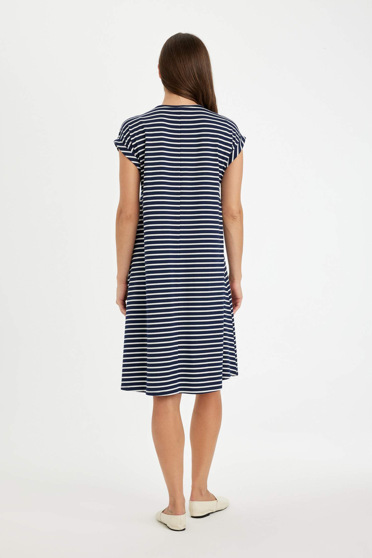 A-Line Crew Neck Striped Midi Dress