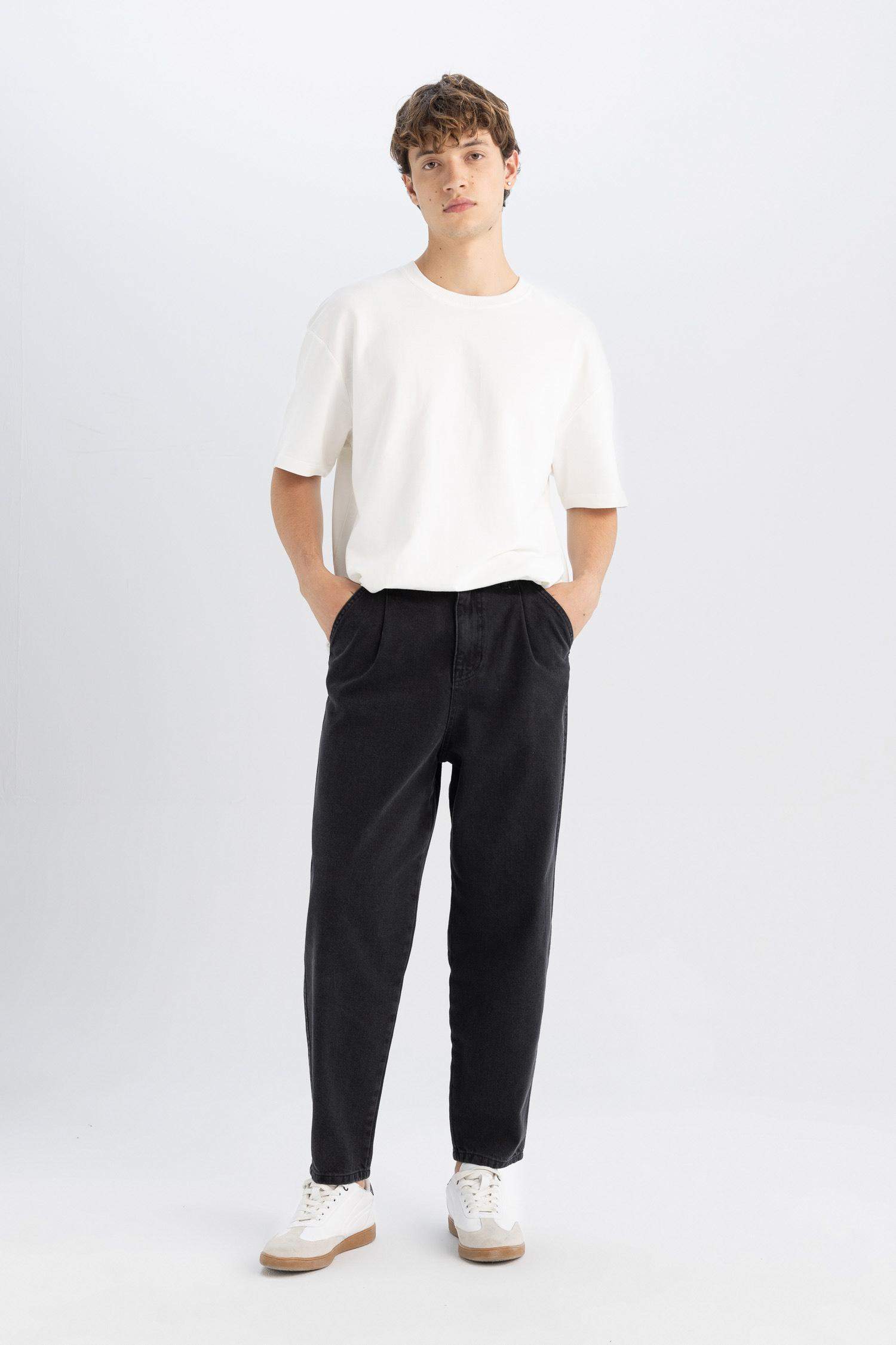 %100 Pamuk Balloon Fit Düz Paça Jean Pantolon