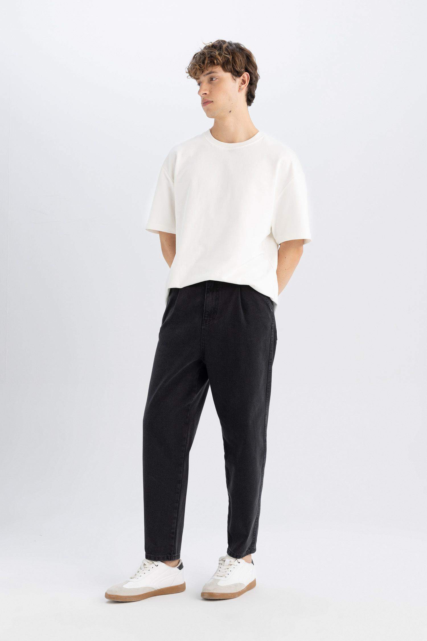 %100 Pamuk Balloon Fit Düz Paça Jean Pantolon