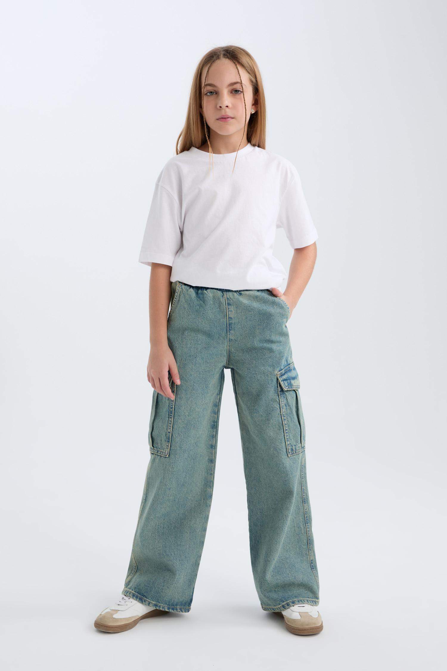 Kız Çocuk Kargo Cepli Wide Leg Geniş Bol Paça Jean Pantolon