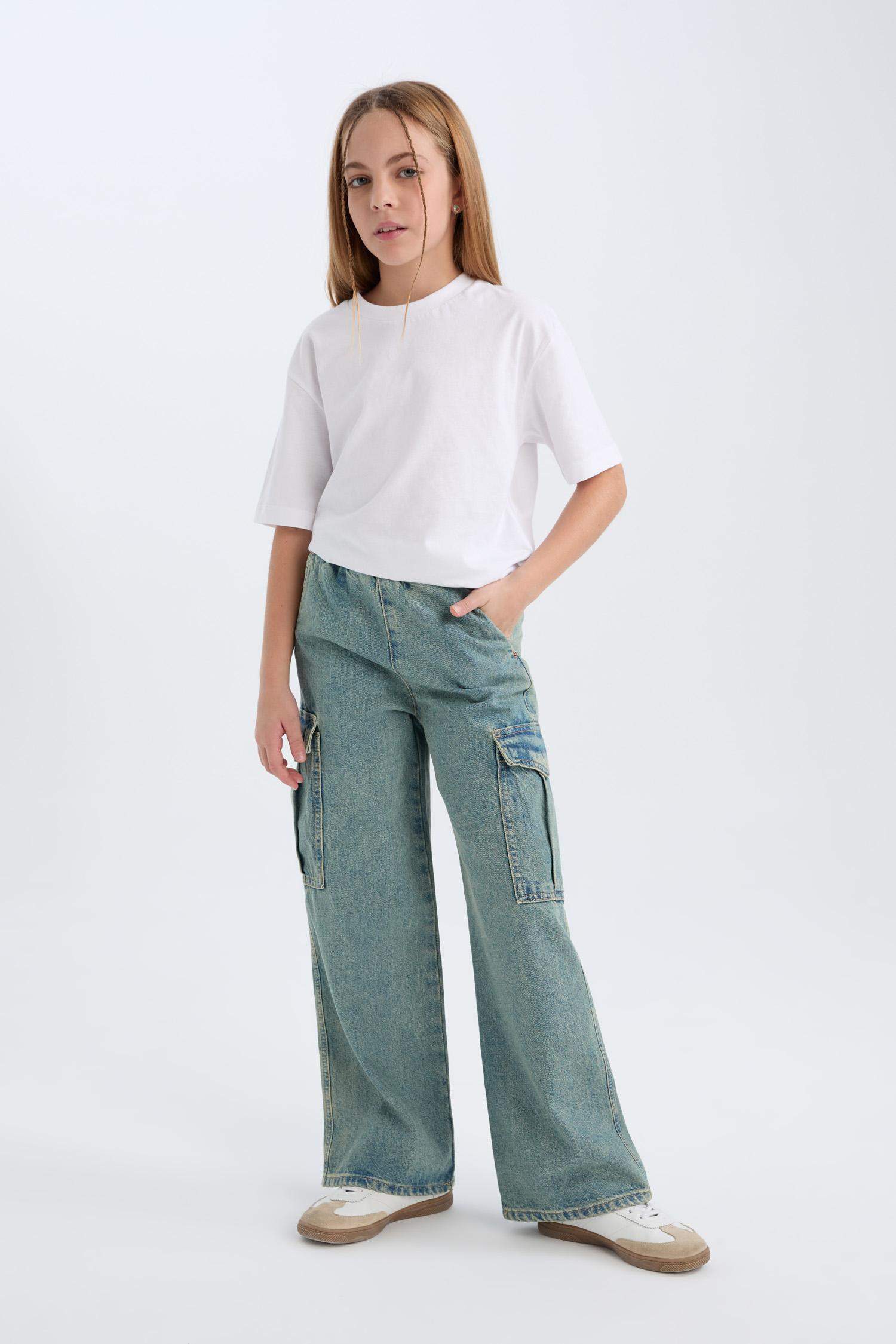 Kız Çocuk Kargo Cepli Wide Leg Geniş Bol Paça Jean Pantolon