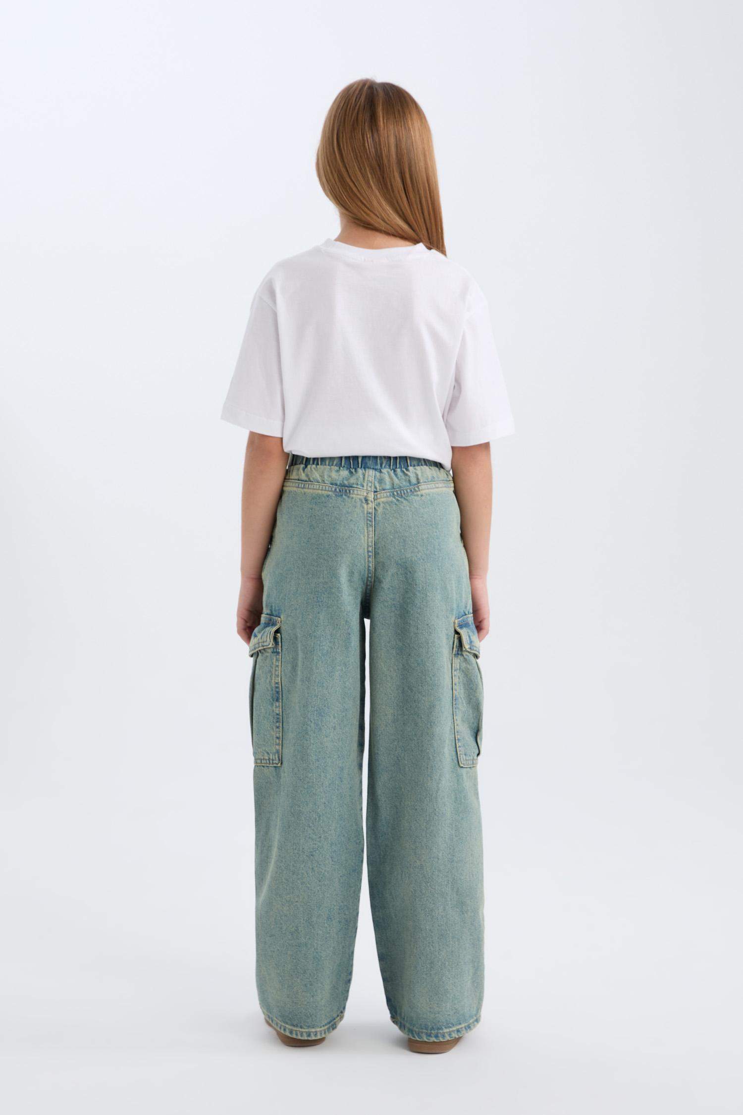 Kız Çocuk Kargo Cepli Wide Leg Geniş Bol Paça Jean Pantolon