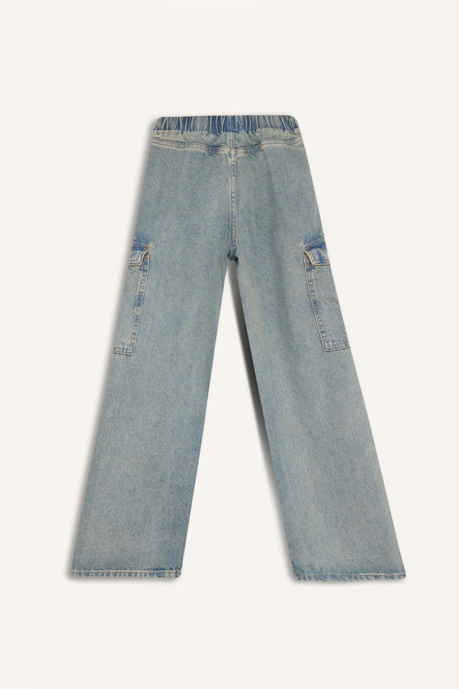 Kız Çocuk Kargo Cepli Wide Leg Geniş Bol Paça Jean Pantolon