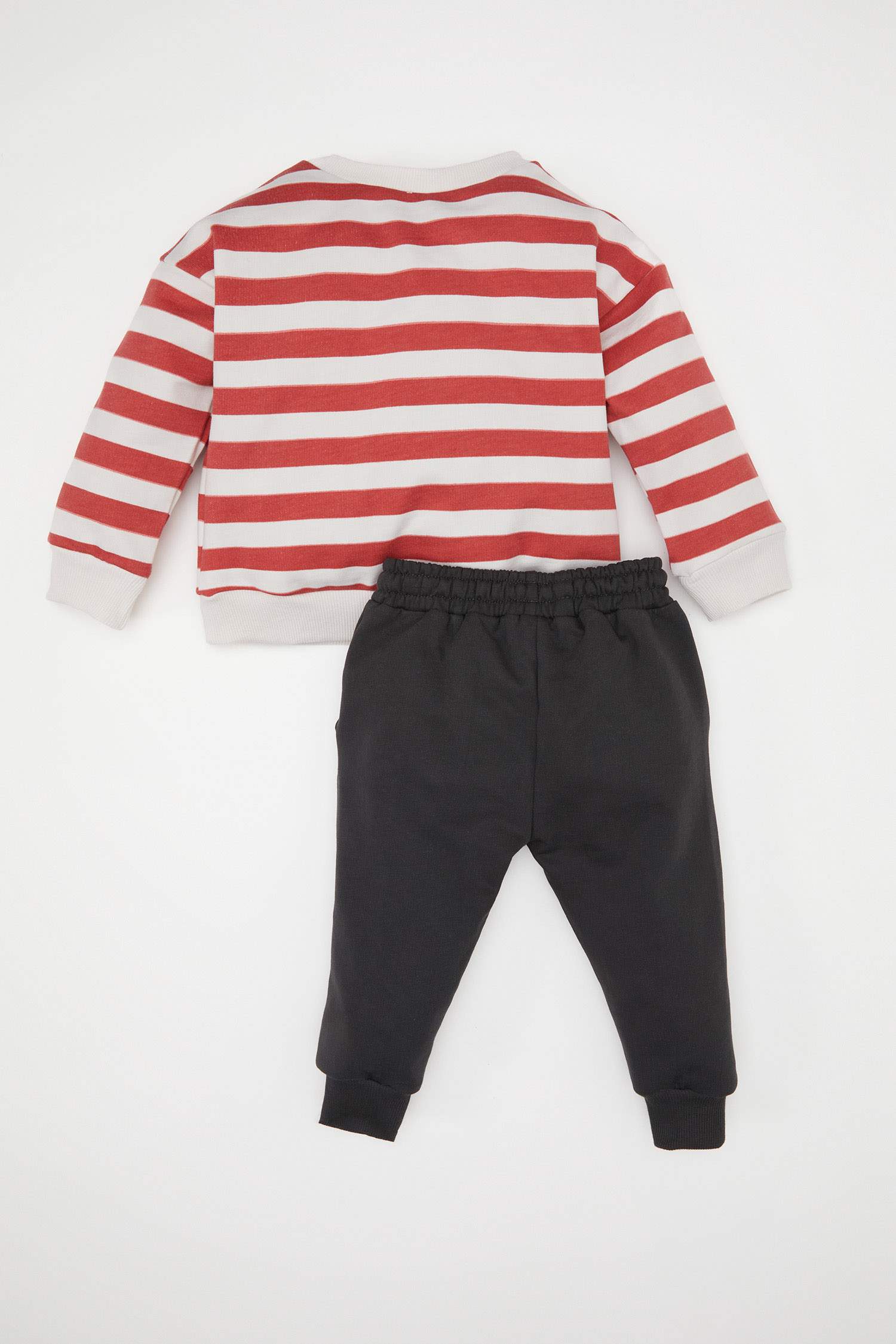 Erkek Bebek 2'li Takım Çizgili Dinozor Baskılı Sweatshirt Beli Lastikli Eşofman Altı