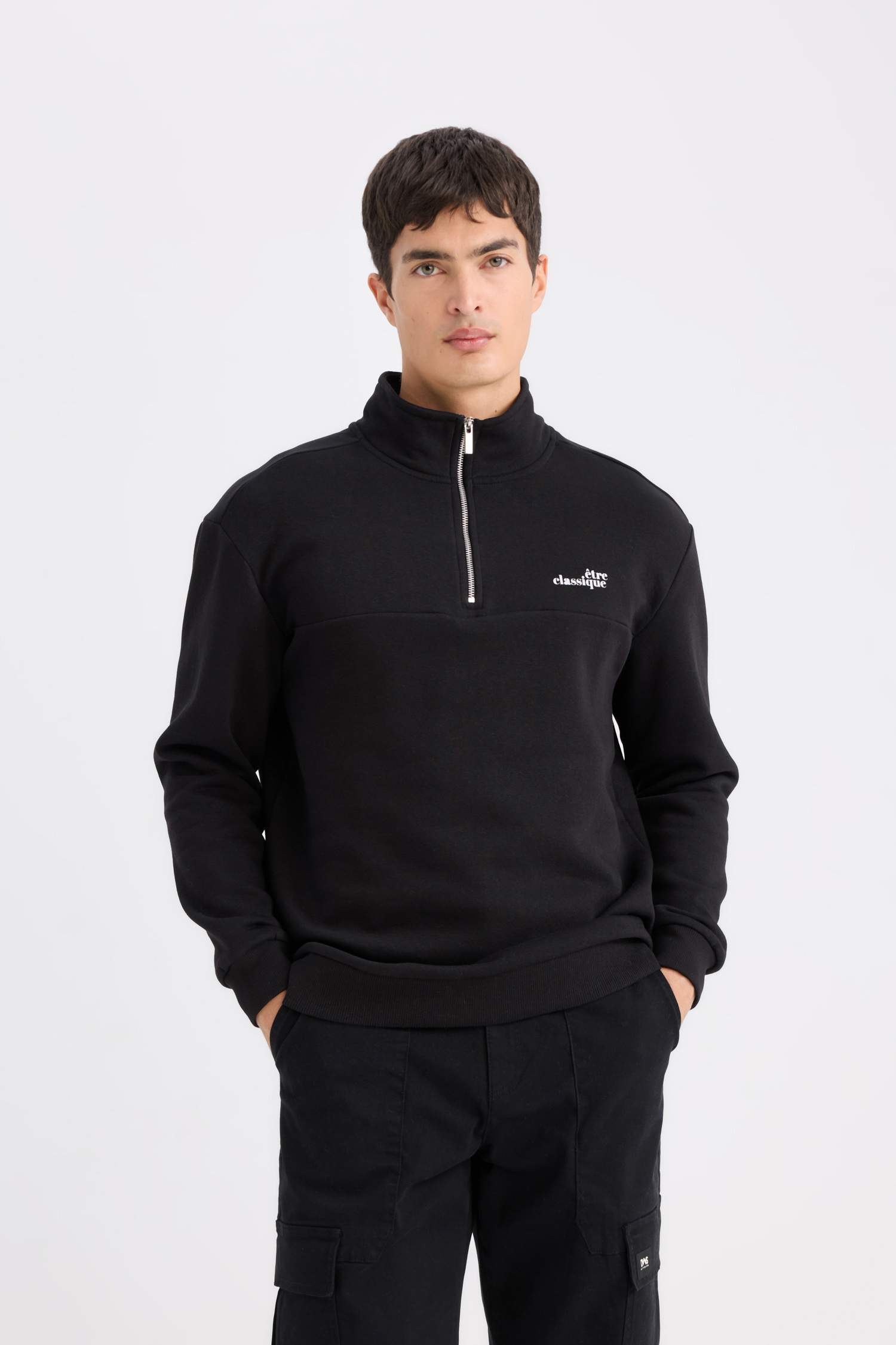 Relax Fit Dik Yaka Fermuarlı Baskılı Kalın Sweatshirt