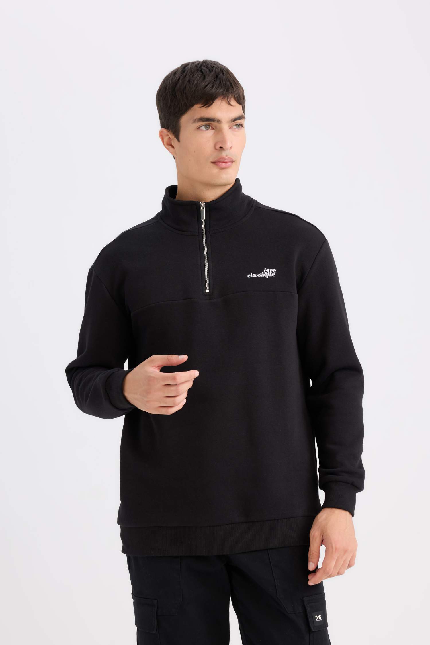 Relax Fit Dik Yaka Fermuarlı Baskılı Kalın Sweatshirt