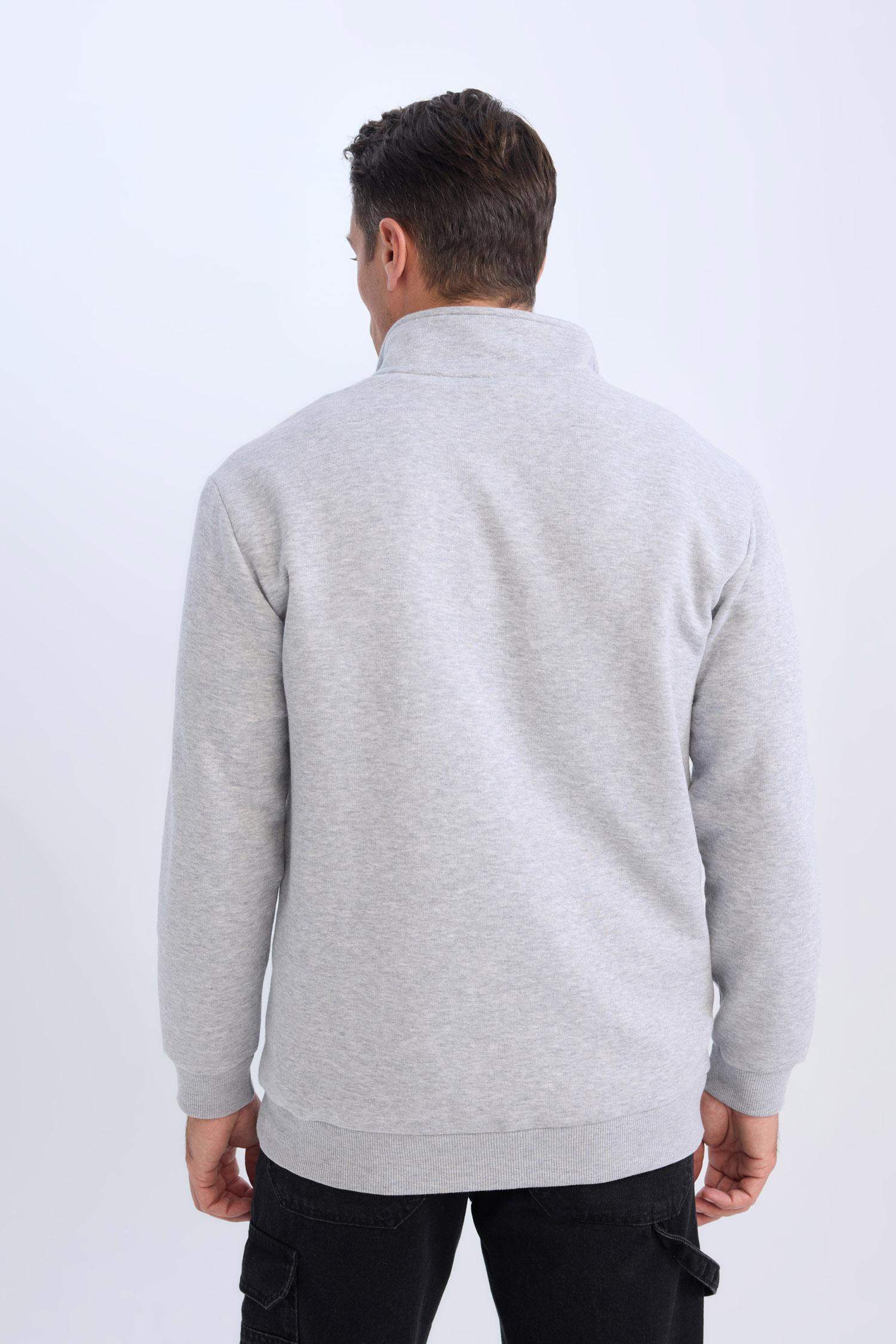 Relax Fit Dik Yaka Fermuarlı Baskılı Kalın Sweatshirt