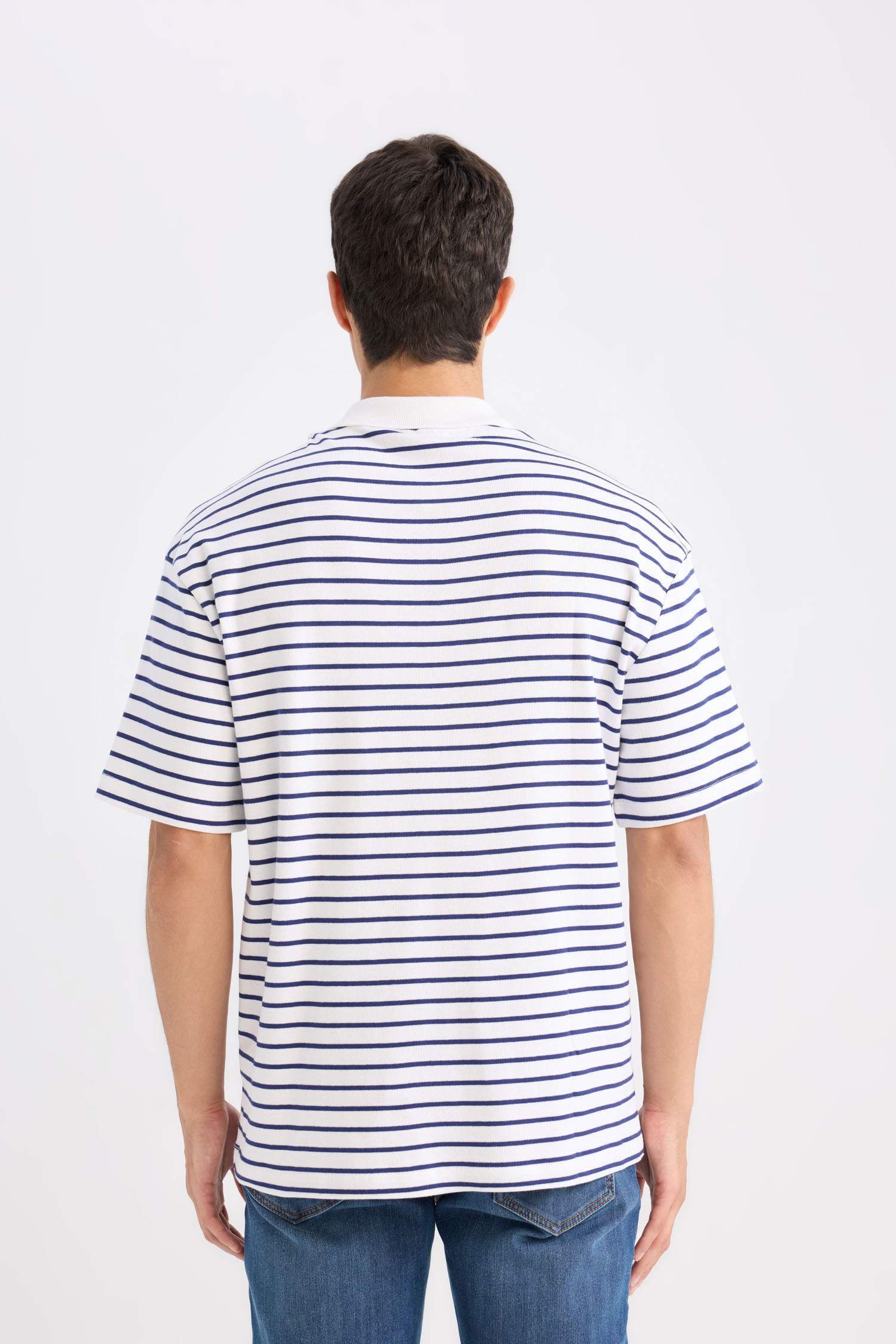 Relax Fit Polo Yaka Çizgili Kısa Kollu Ribana Tişört