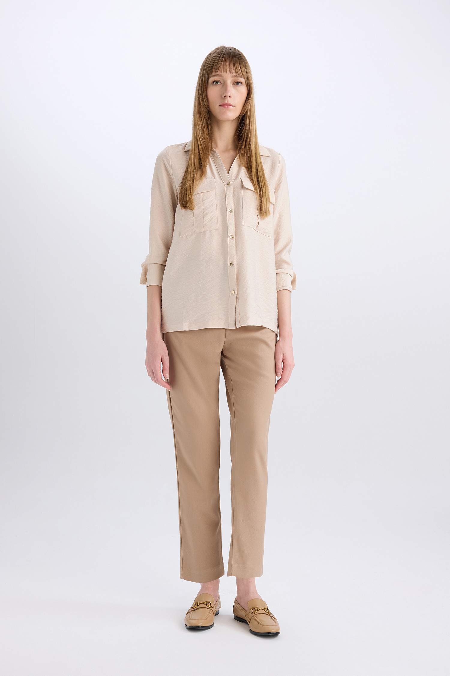 Oversize Geniş Kalıp Basic Düz Çift Cepli Uzun Kollu Viskon Gömlek