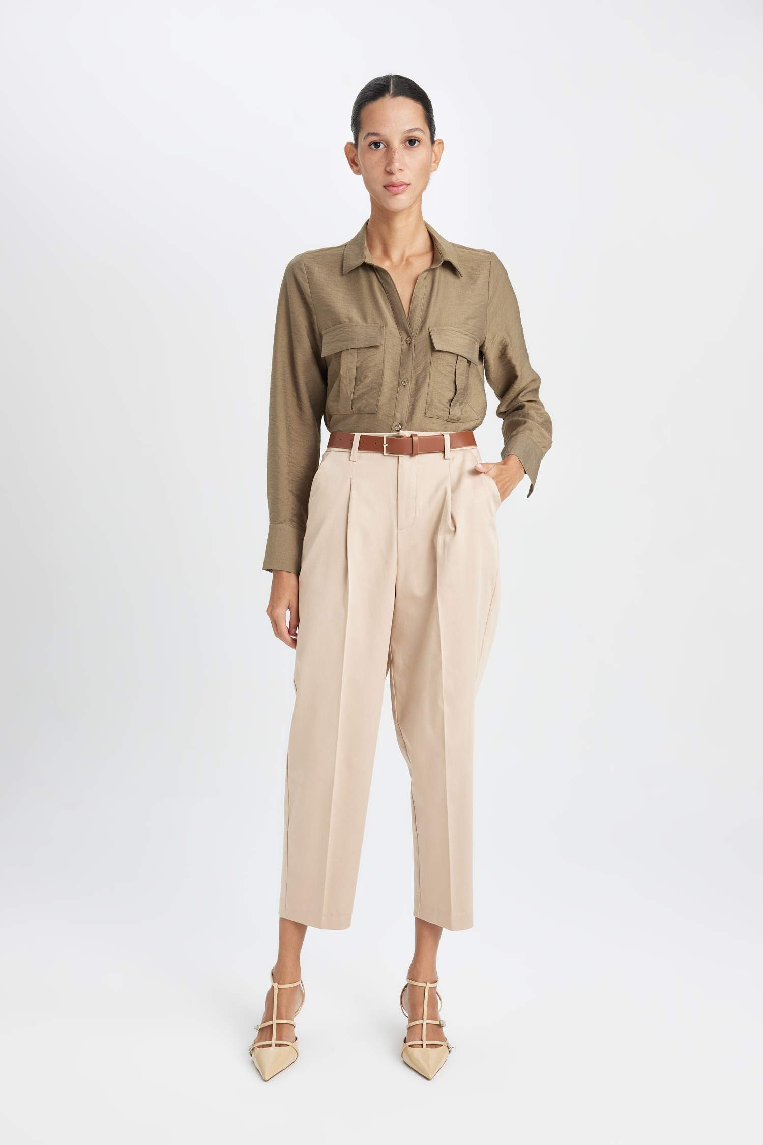 Oversize Geniş Kalıp Basic Düz Çift Cepli Uzun Kollu Viskon Gömlek