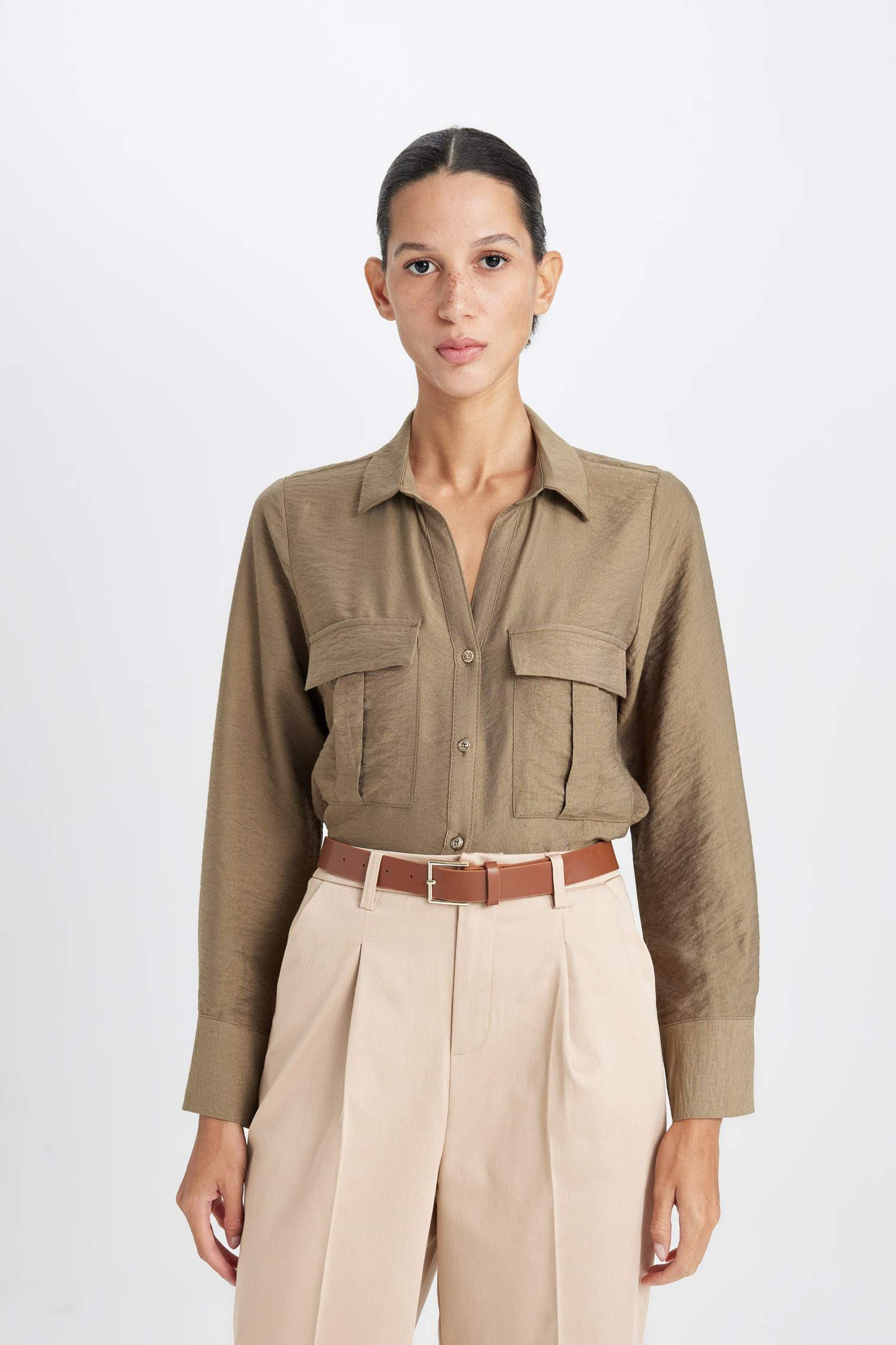 Oversize Geniş Kalıp Basic Düz Çift Cepli Uzun Kollu Viskon Gömlek