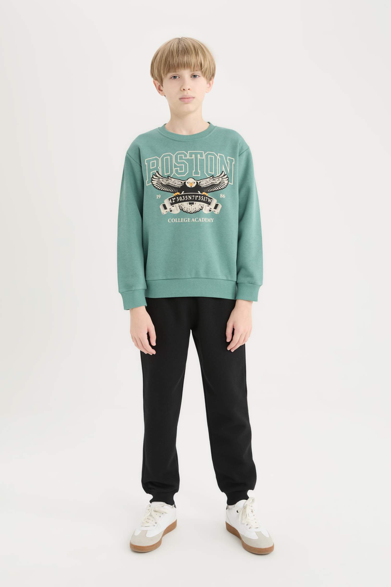 Erkek Çocuk 2'li Takım Bisiklet Yaka Baskılı Kalın Sweatshirt Beli Lastikli Eşofman Altı