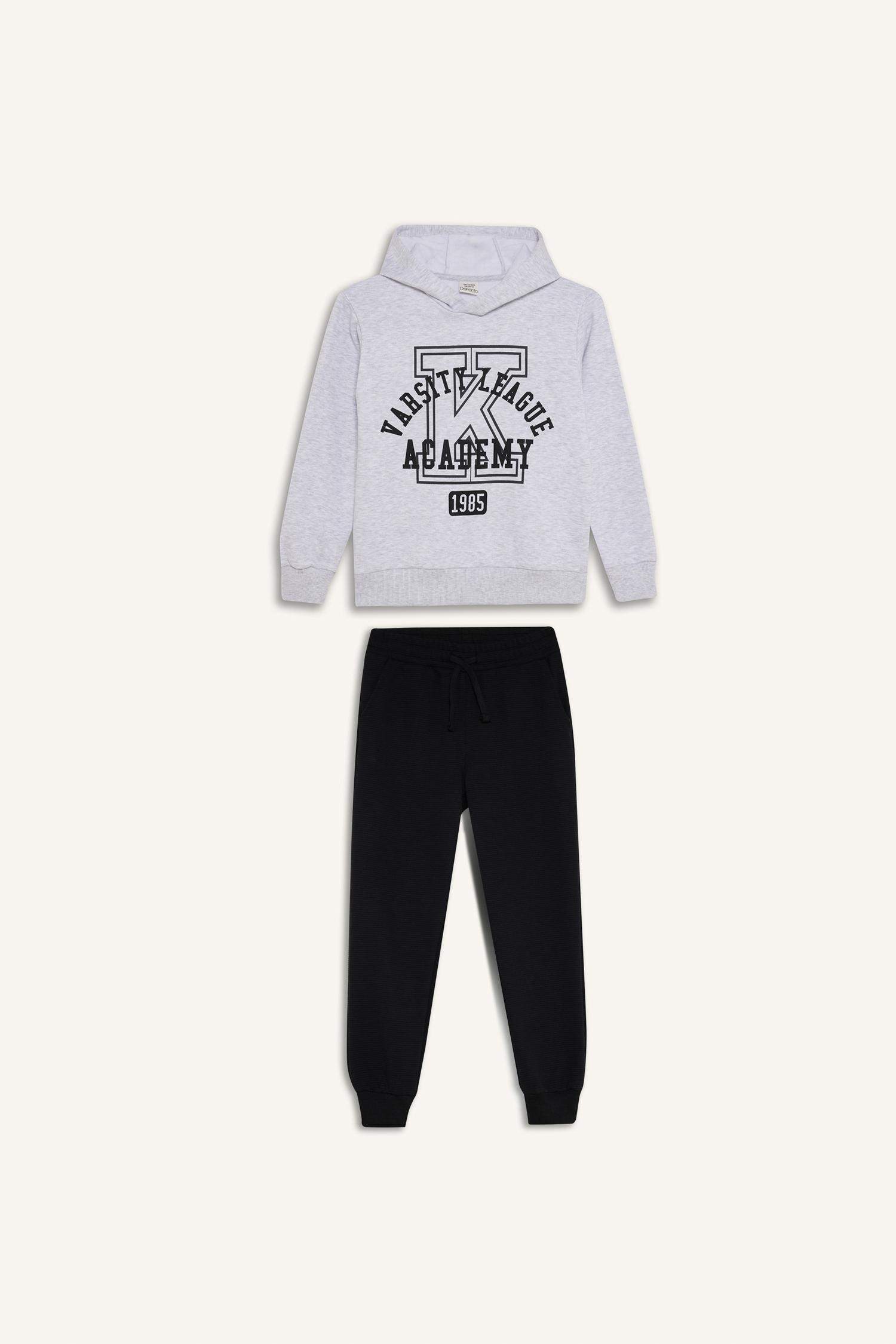 Erkek Çocuk 2'li Takım Kapüşonlu Baskılı Sweatshirt Beli Lastikli Eşofman Altı