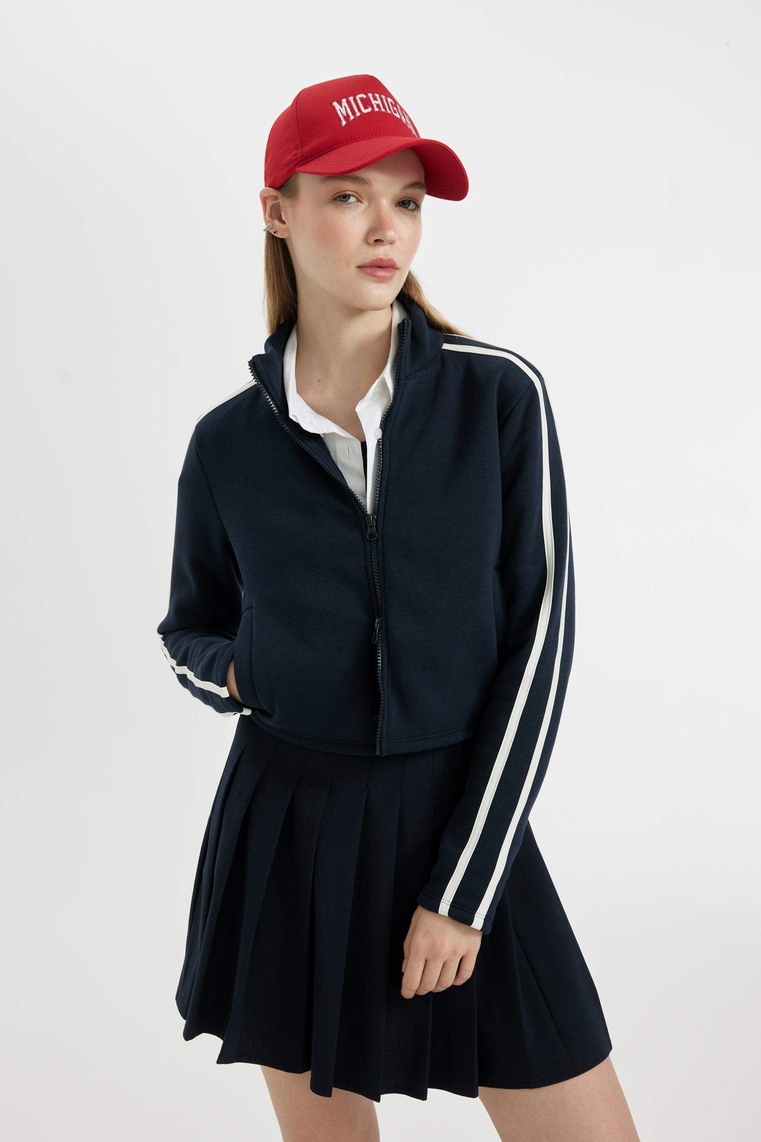 Coool Fitted Dik Yaka Basic Düz Cepli Fermuarlı Sweatshirt