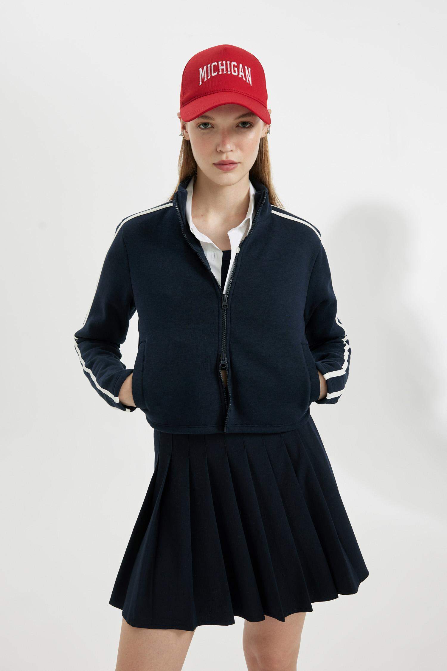 Coool Fitted Dik Yaka Basic Düz Cepli Fermuarlı Sweatshirt