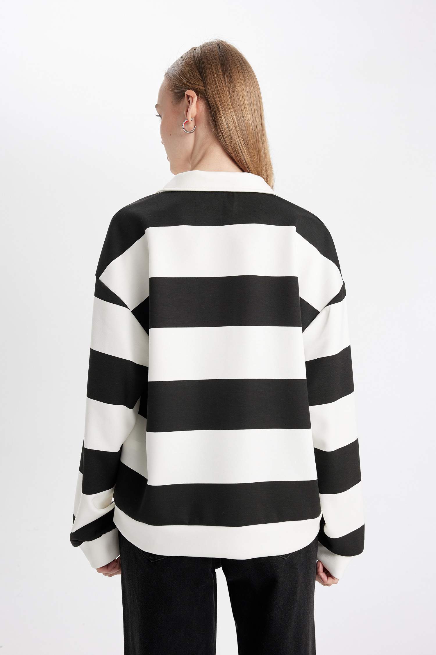 Oversize Geniş Kalıp Çizgili Polo Yaka Kalın Sweatshirt