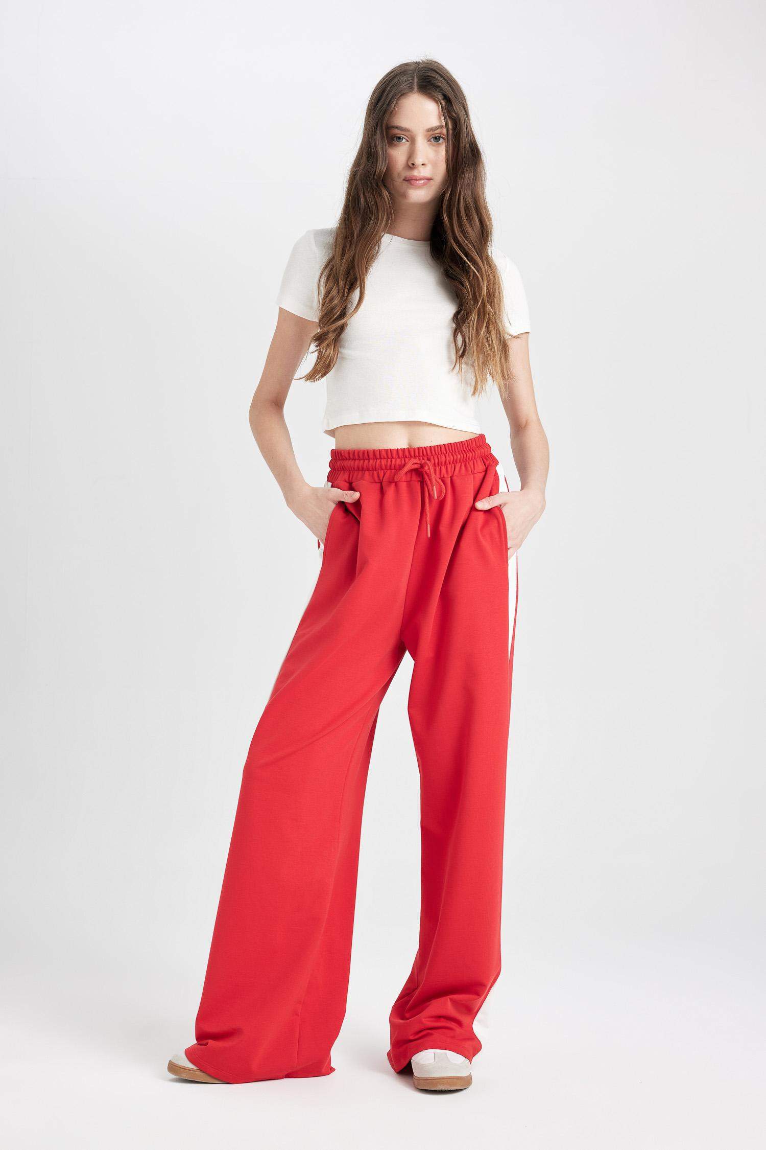 بنطلون وايد ليج برجل واسع أحمر