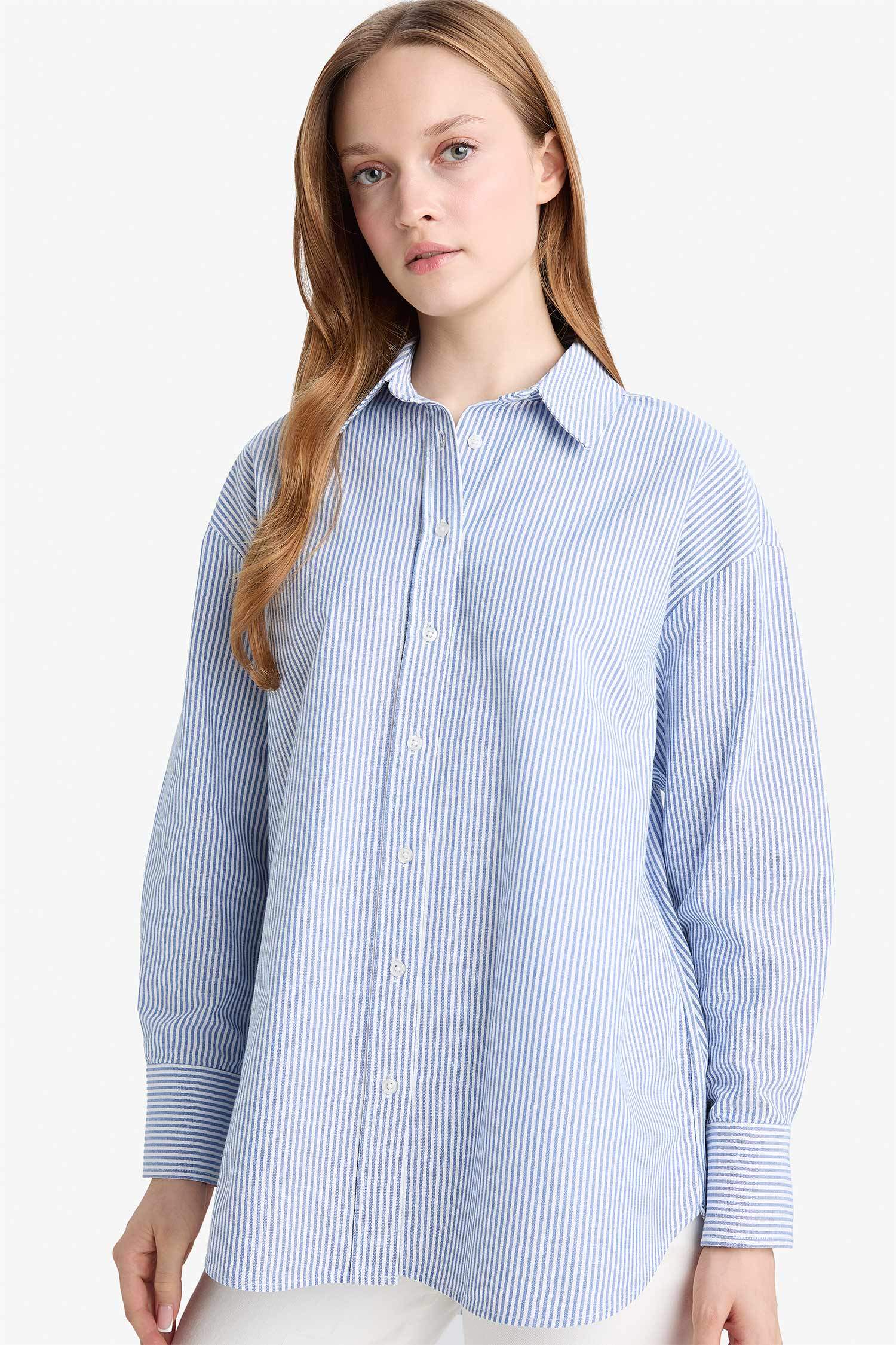 Chemise tunique rayée Oxford à manches longues Coupe décontractée
