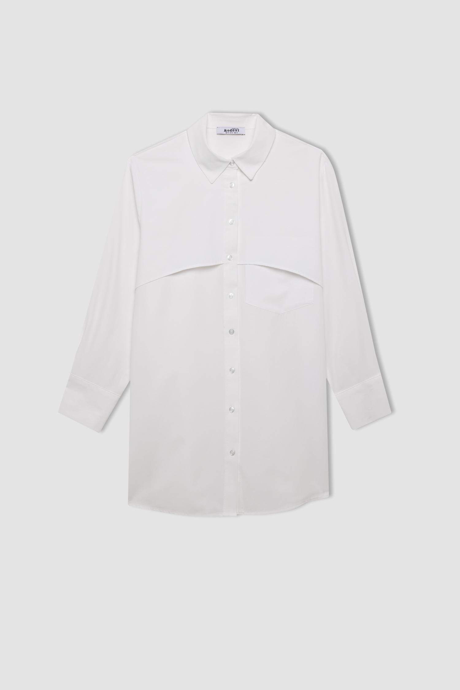 Relax Fit Gömlek Yaka Poplin Basic Düz Uzun Kollu Beyaz Gömlek Tunik