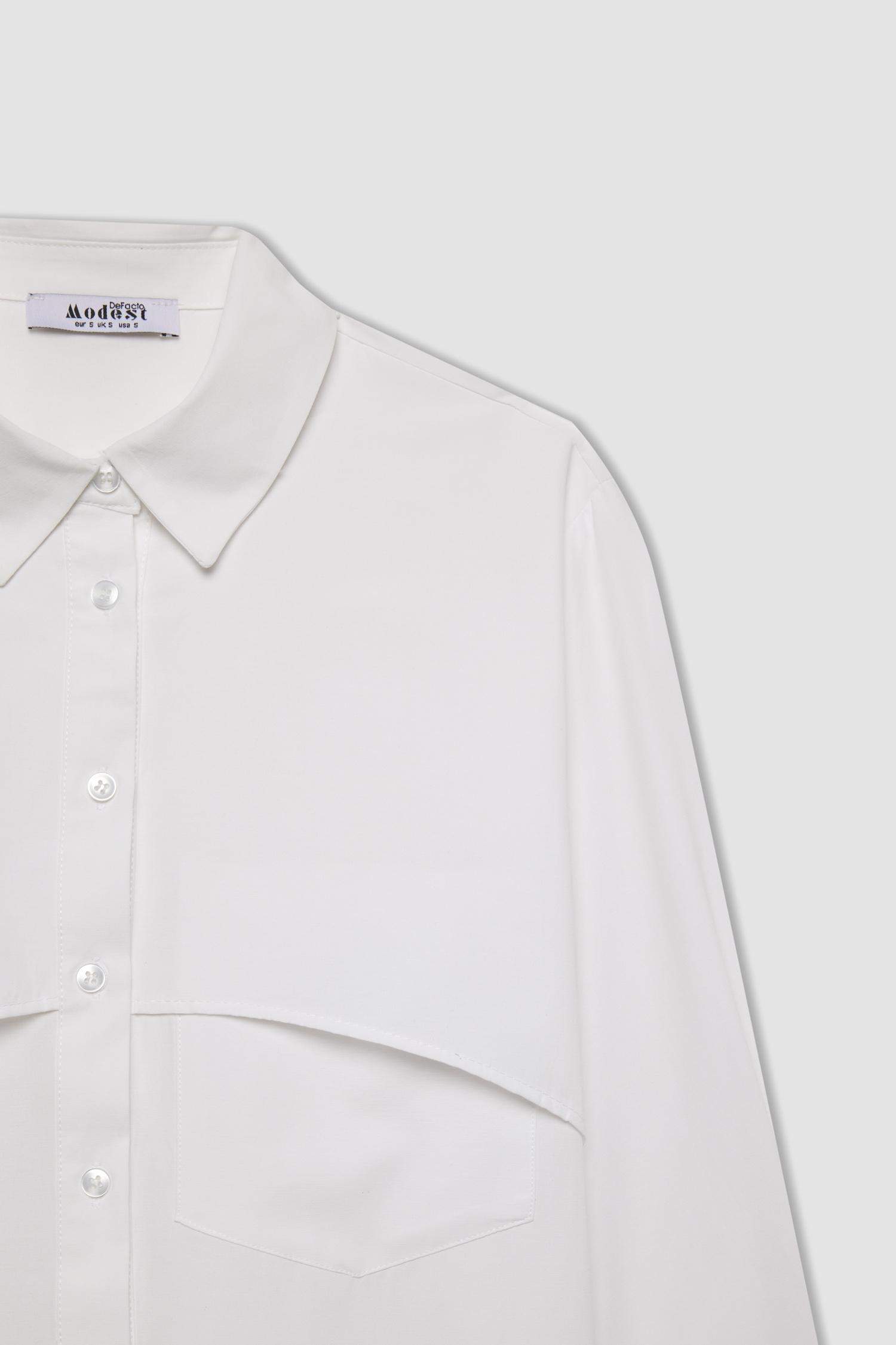 Relax Fit Gömlek Yaka Poplin Basic Düz Uzun Kollu Beyaz Gömlek Tunik