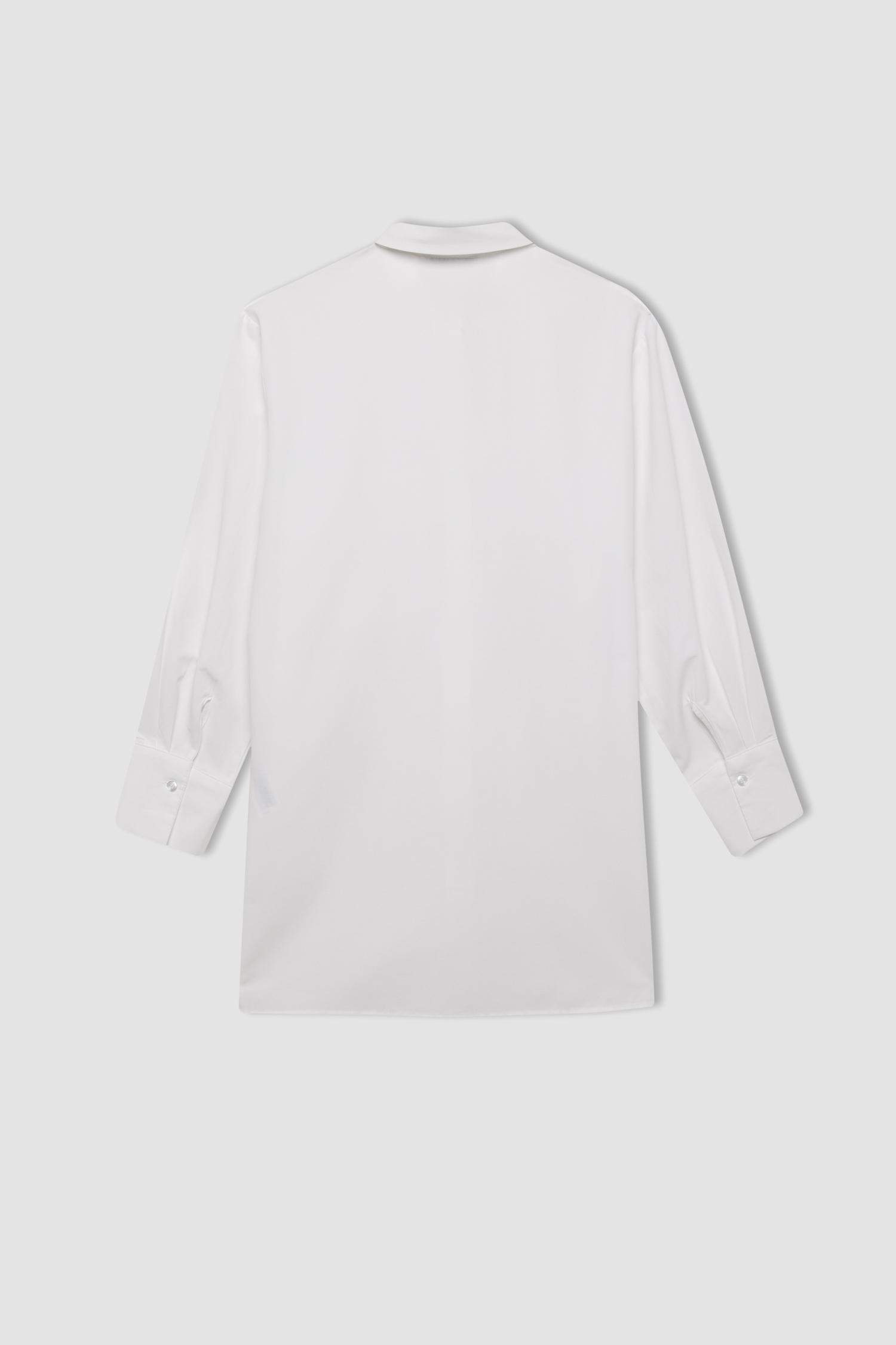 Relax Fit Gömlek Yaka Poplin Basic Düz Uzun Kollu Beyaz Gömlek Tunik