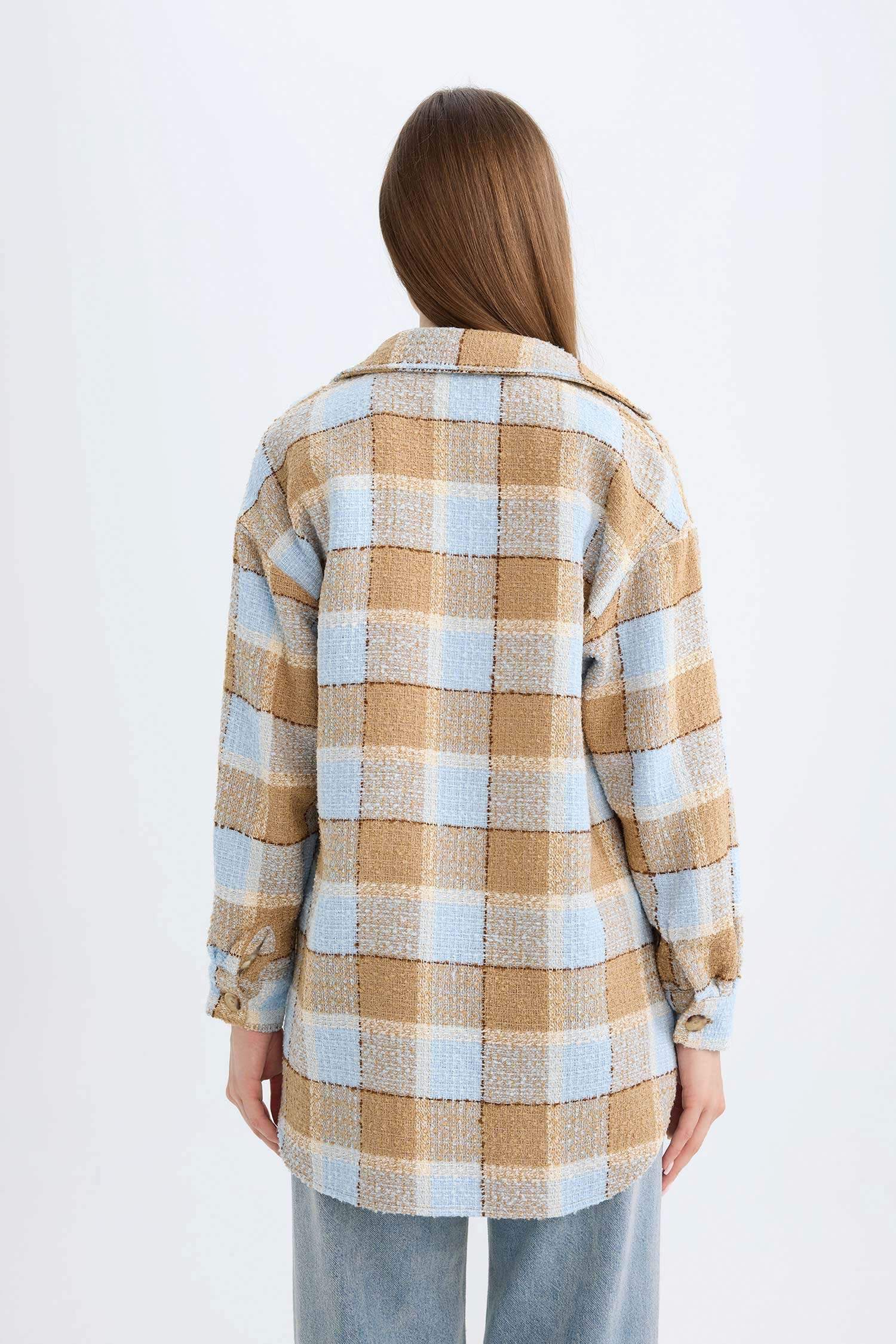 تونيك قميص كاروهات كم طويل قصة مريحة