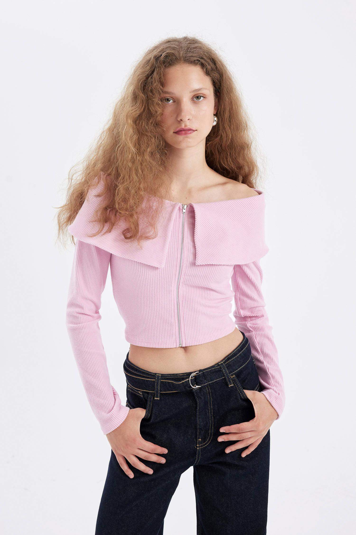 Fitted Omuzu Açık Basic Düz Fitilli Kaşkorse Fermuarlı Hırka