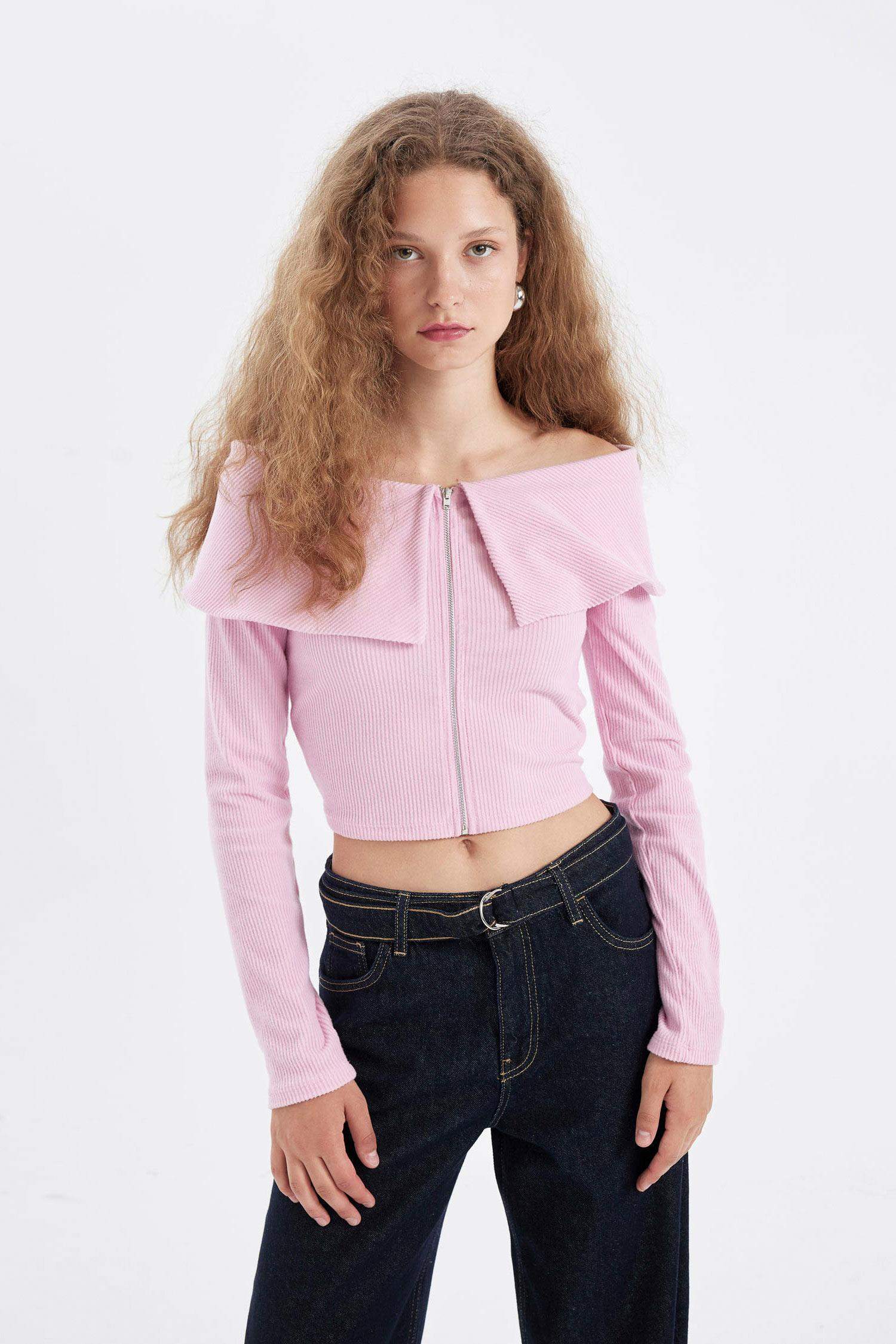 Fitted Omuzu Açık Basic Düz Fitilli Kaşkorse Fermuarlı Hırka