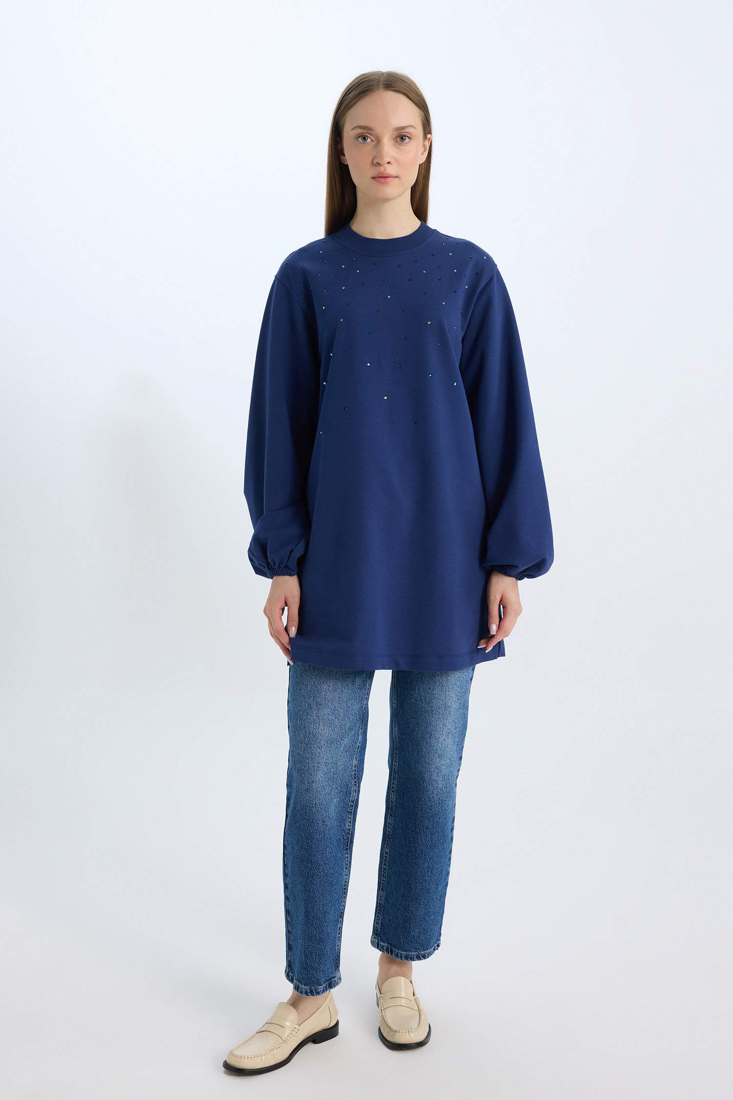 Bisiklet Yaka Balon Kollu Taşlı Uzun Kollu Sweatshirt Tunik