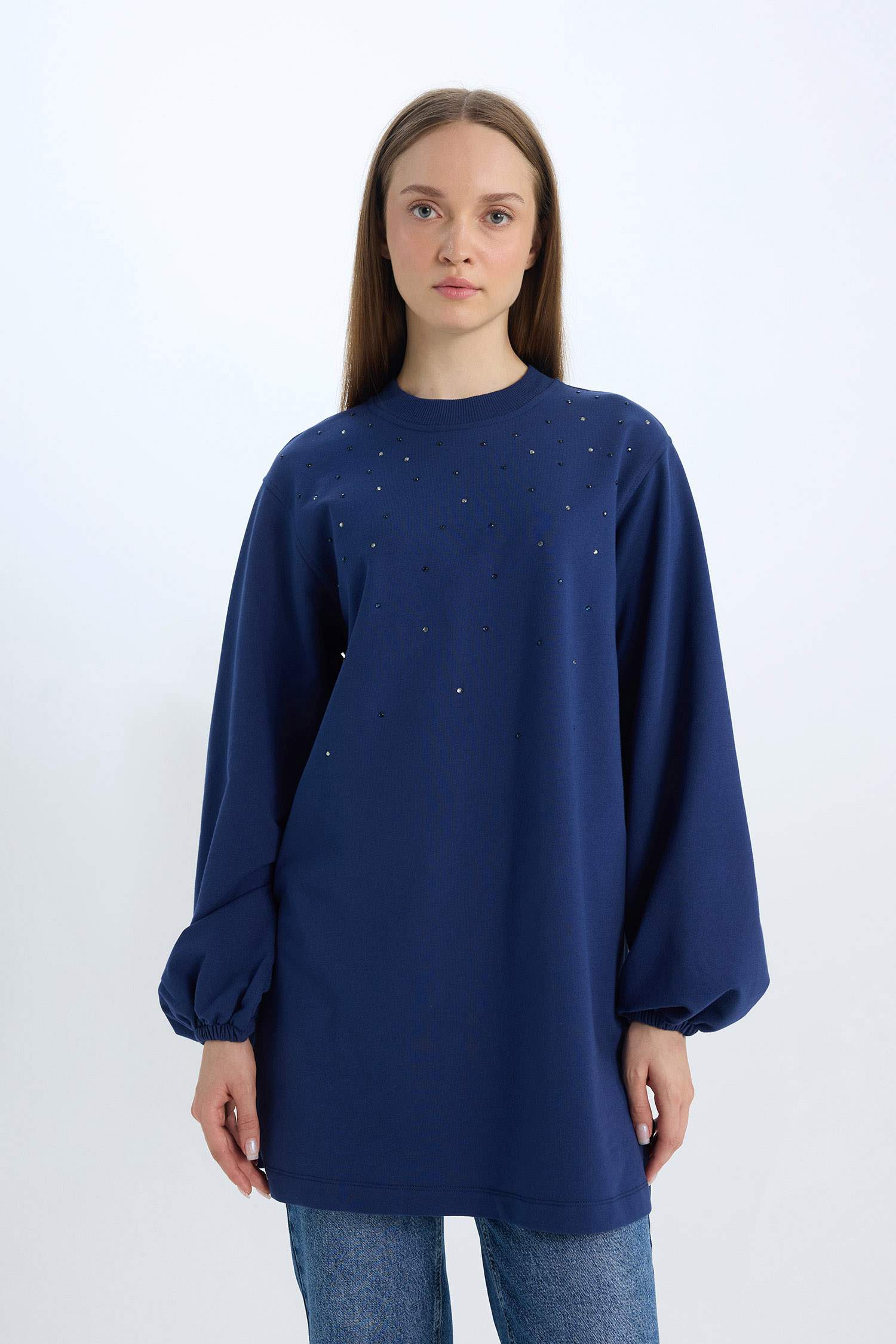 Bisiklet Yaka Balon Kollu Taşlı Uzun Kollu Sweatshirt Tunik