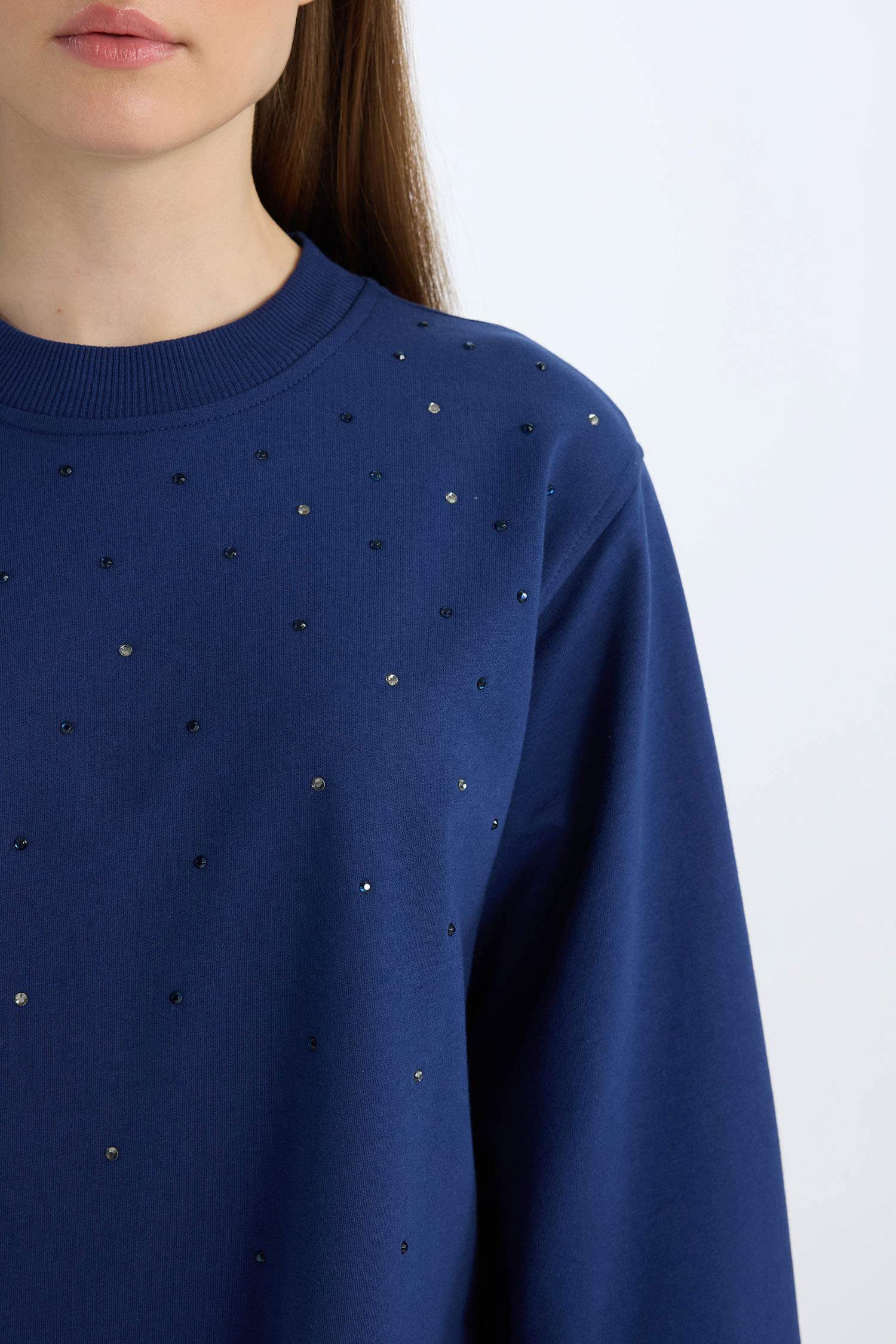 Bisiklet Yaka Balon Kollu Taşlı Uzun Kollu Sweatshirt Tunik