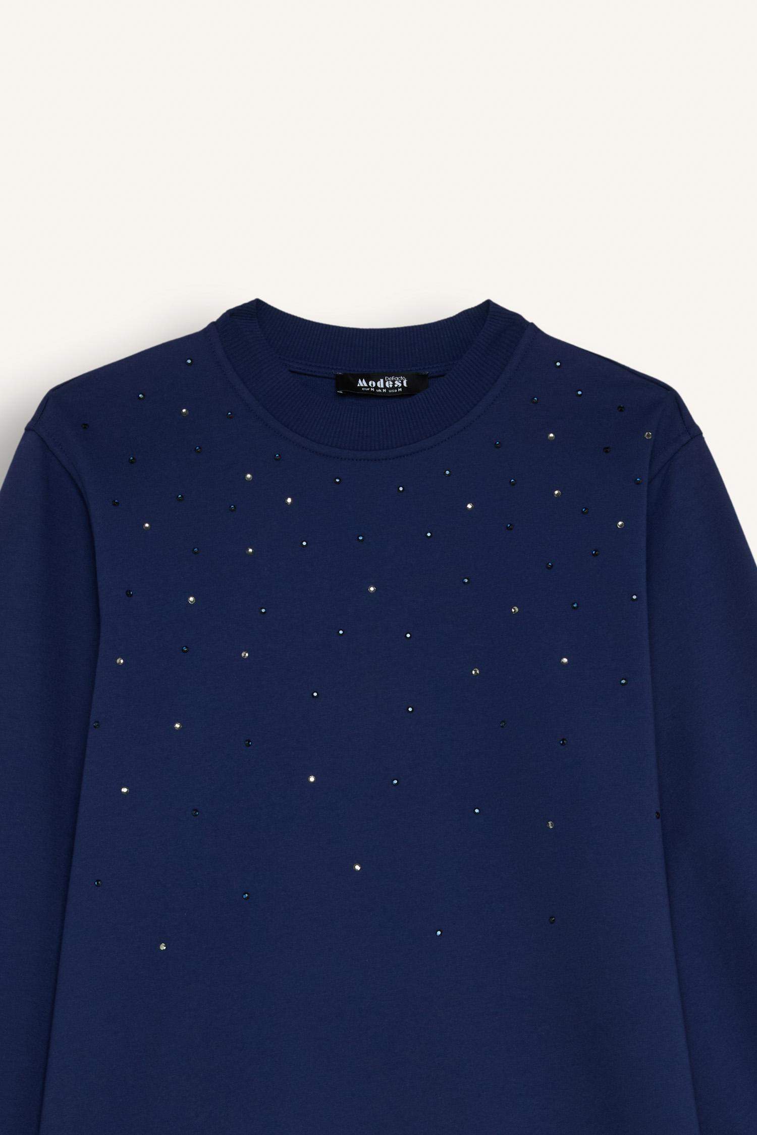 Bisiklet Yaka Balon Kollu Taşlı Uzun Kollu Sweatshirt Tunik