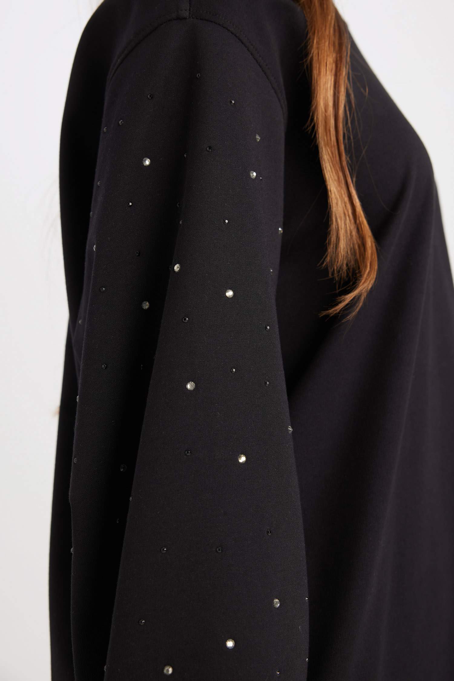 Regular Fit Bisiklet Yaka Balon Kollu Taşlı Uzun Kollu Sweatshirt Tunik