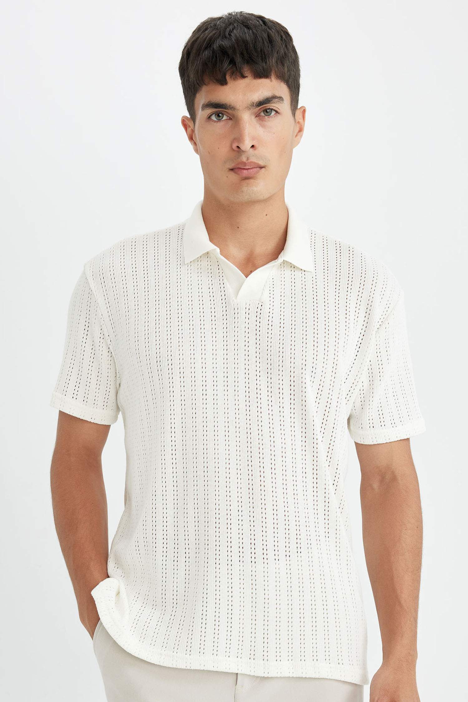 Regular Fit Kısa Kollu Dokulu Triko Polo Tişört