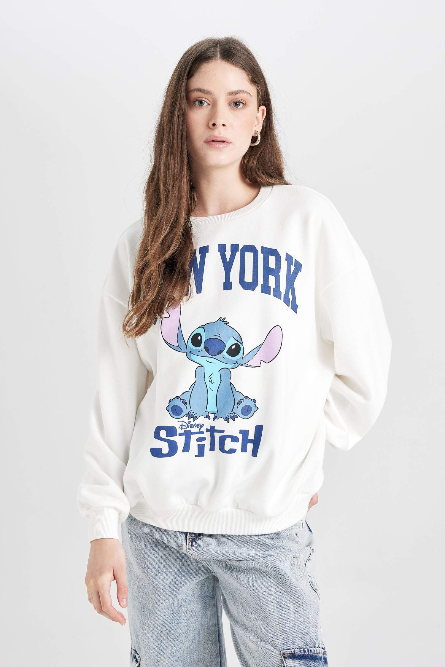 Coool Disney Lilo & Stitch Oversize Geniş Kalıp Bisiklet Yaka Baskılı Kalın Sweatshirt