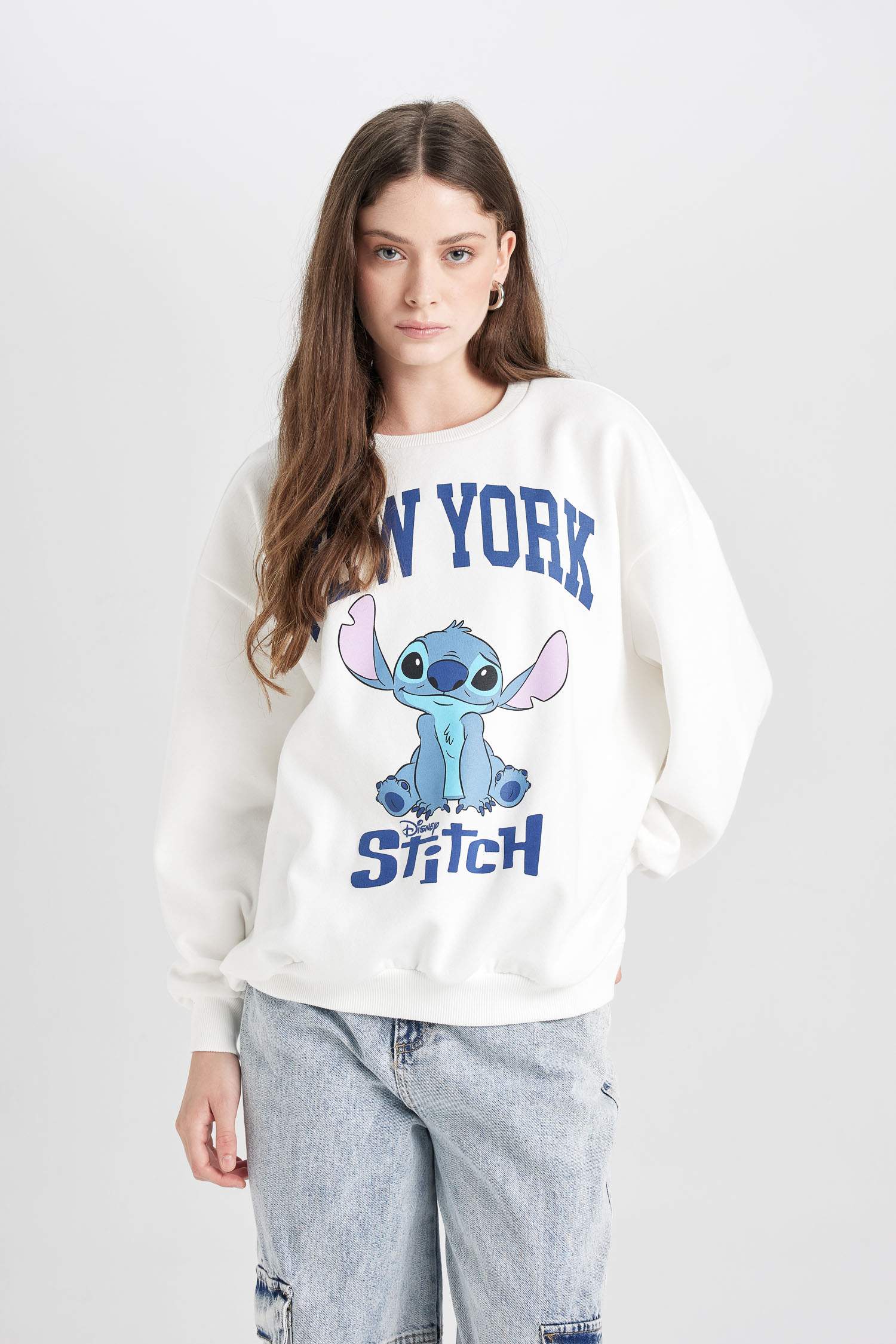 Coool Disney Lilo & Stitch Oversize Geniş Kalıp Bisiklet Yaka Baskılı Kalın Sweatshirt