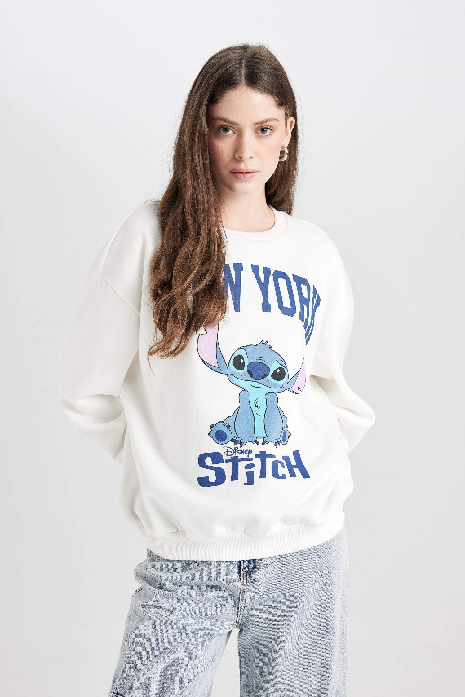 Coool Disney Lilo & Stitch Oversize Geniş Kalıp Bisiklet Yaka Baskılı Kalın Sweatshirt