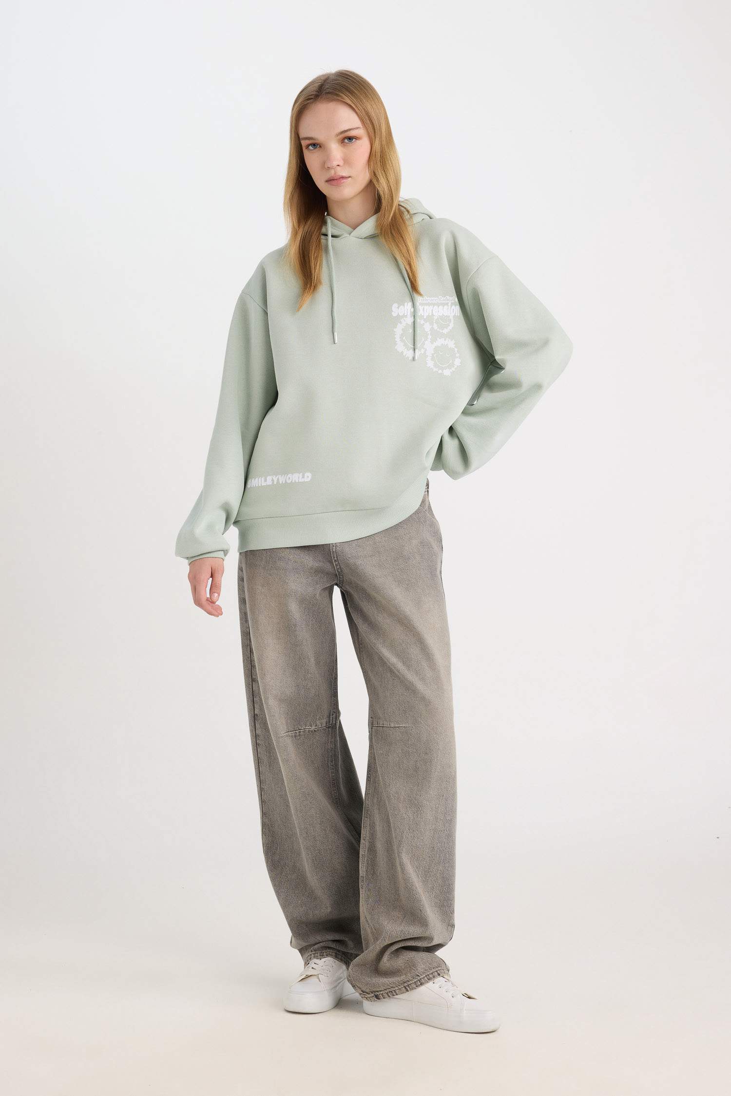 Coool SmileyWorld Oversize Geniş Kalıp Kapüşonlu Sırt Baskılı Kalın Sweatshirt