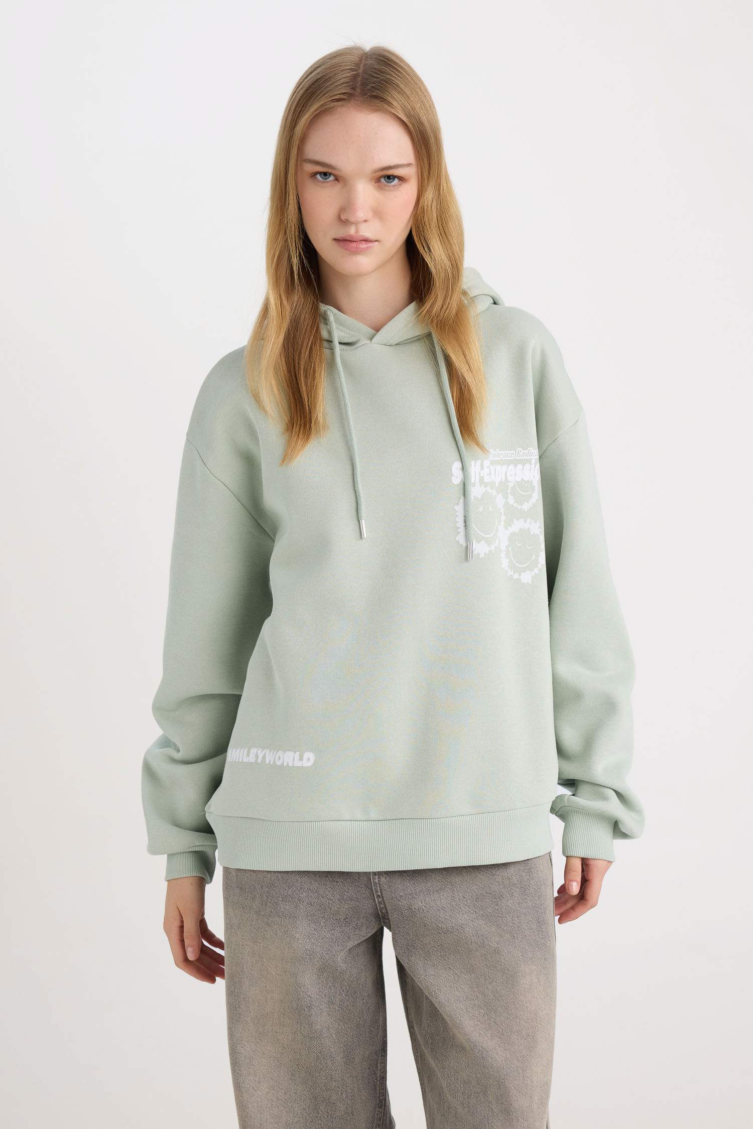 Coool SmileyWorld Oversize Geniş Kalıp Kapüşonlu Sırt Baskılı Kalın Sweatshirt