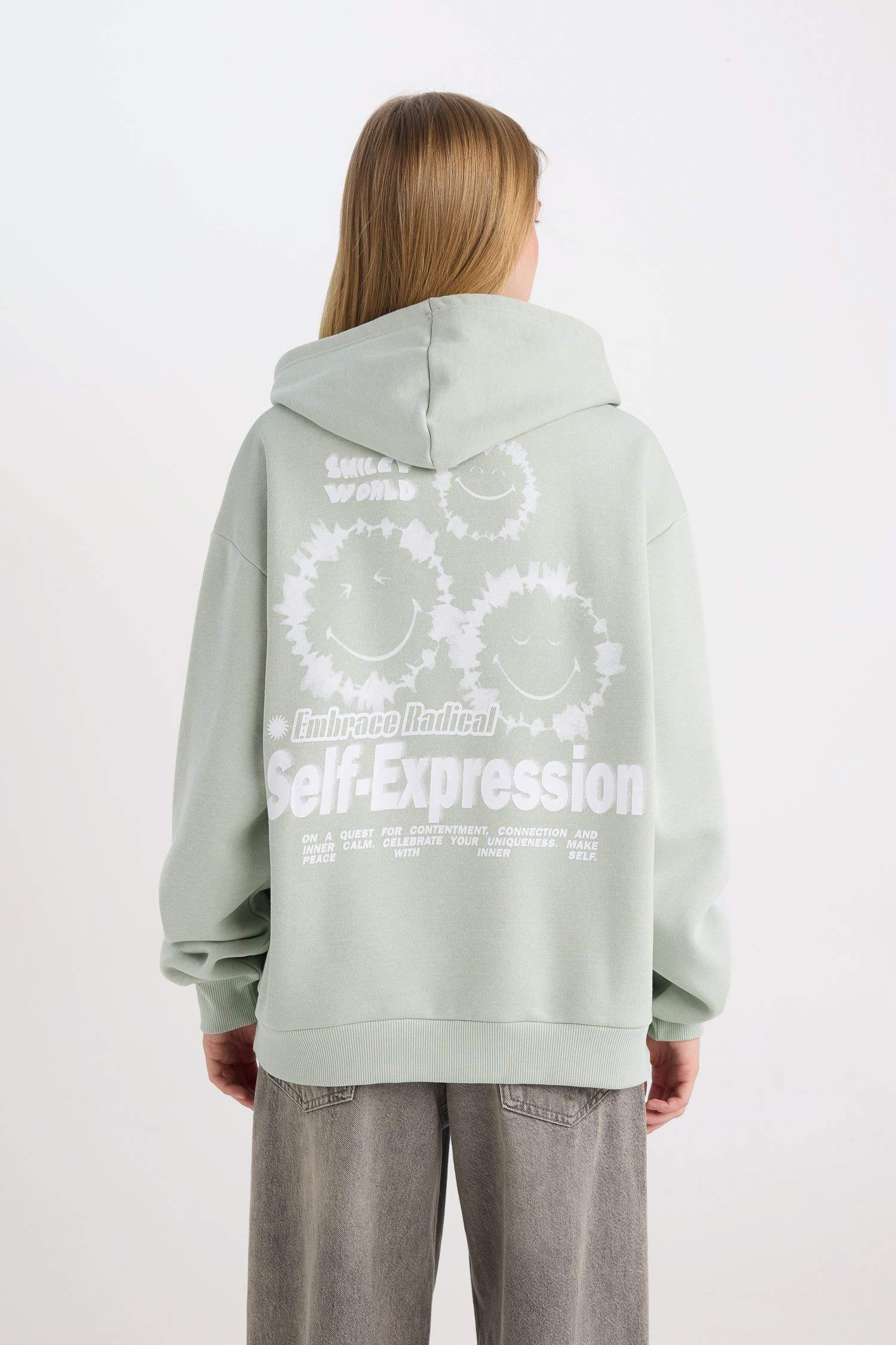 Coool SmileyWorld Oversize Geniş Kalıp Kapüşonlu Sırt Baskılı Kalın Sweatshirt