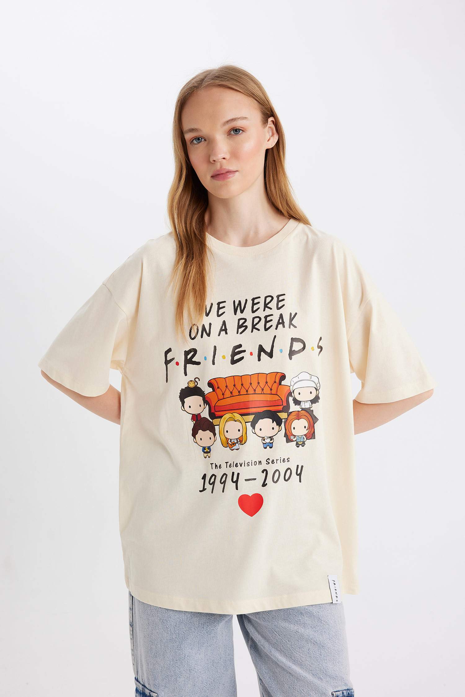 Friends Oversize Geniş Kalıp Bisiklet Yaka Baskılı Kısa Kollu Tişört