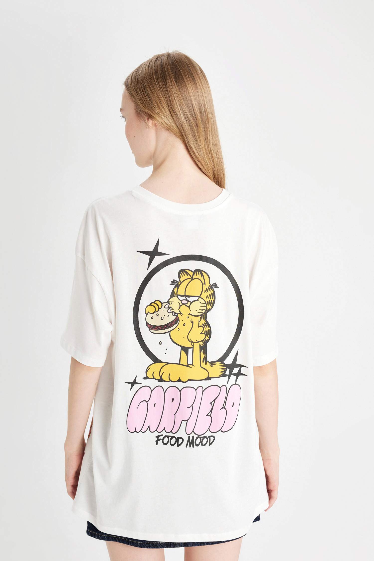 Coool Garfield Oversize Geniş Kalıp Bisiklet Yaka Sırt Baskılı Kısa Kollu Tişört