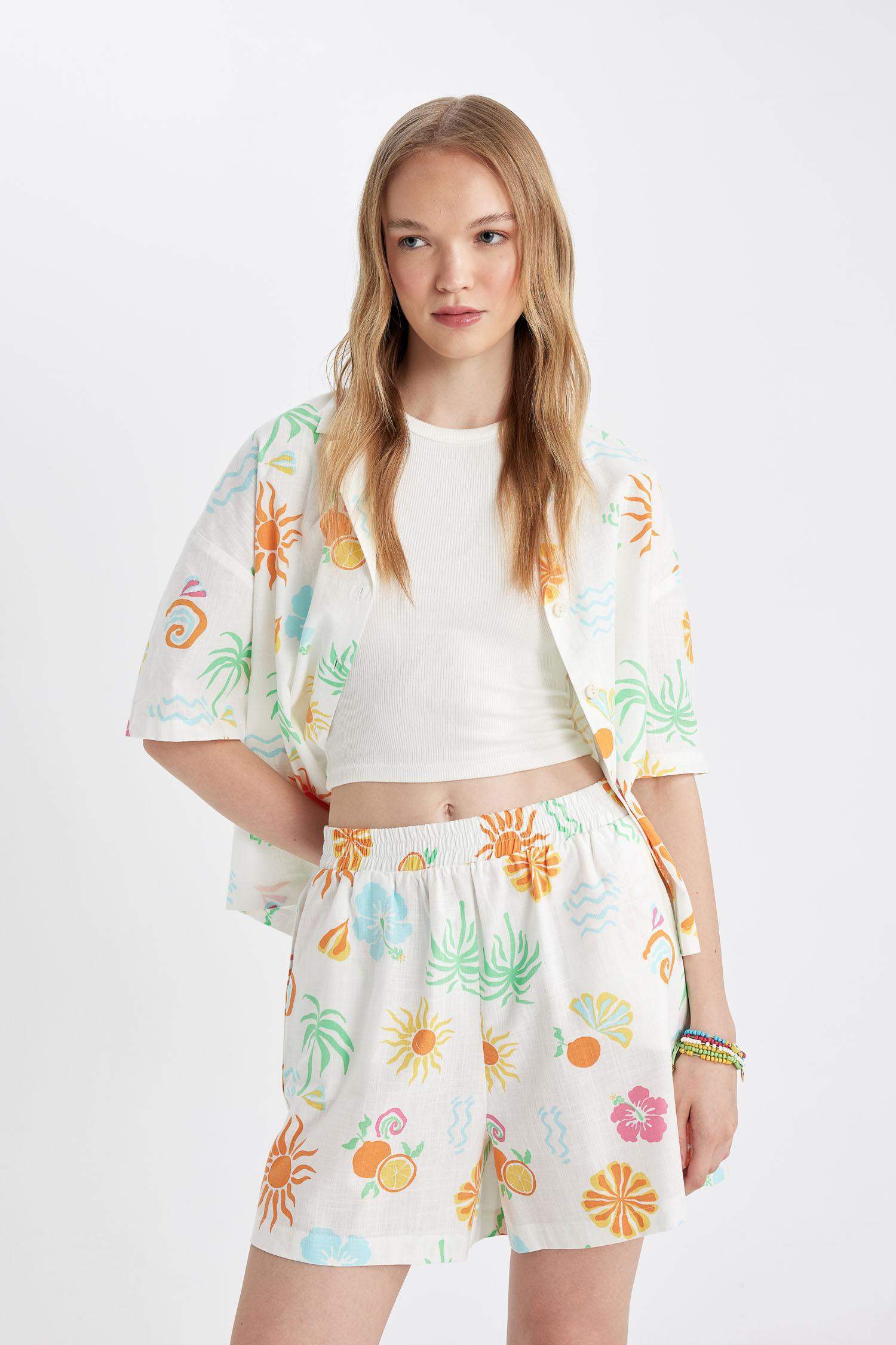 Coool Desenli Normal Bel Flamlı Pamuk Şort