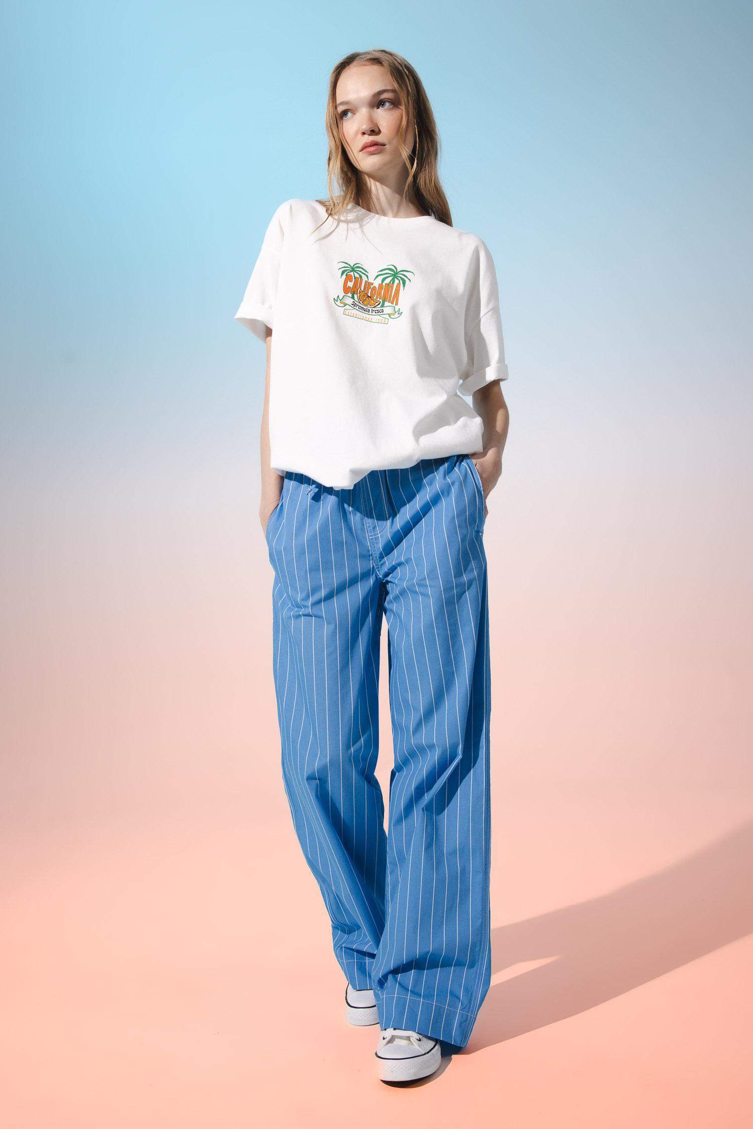 سروال مخطط بوبلين قصة مستقيمة بخصر عادي