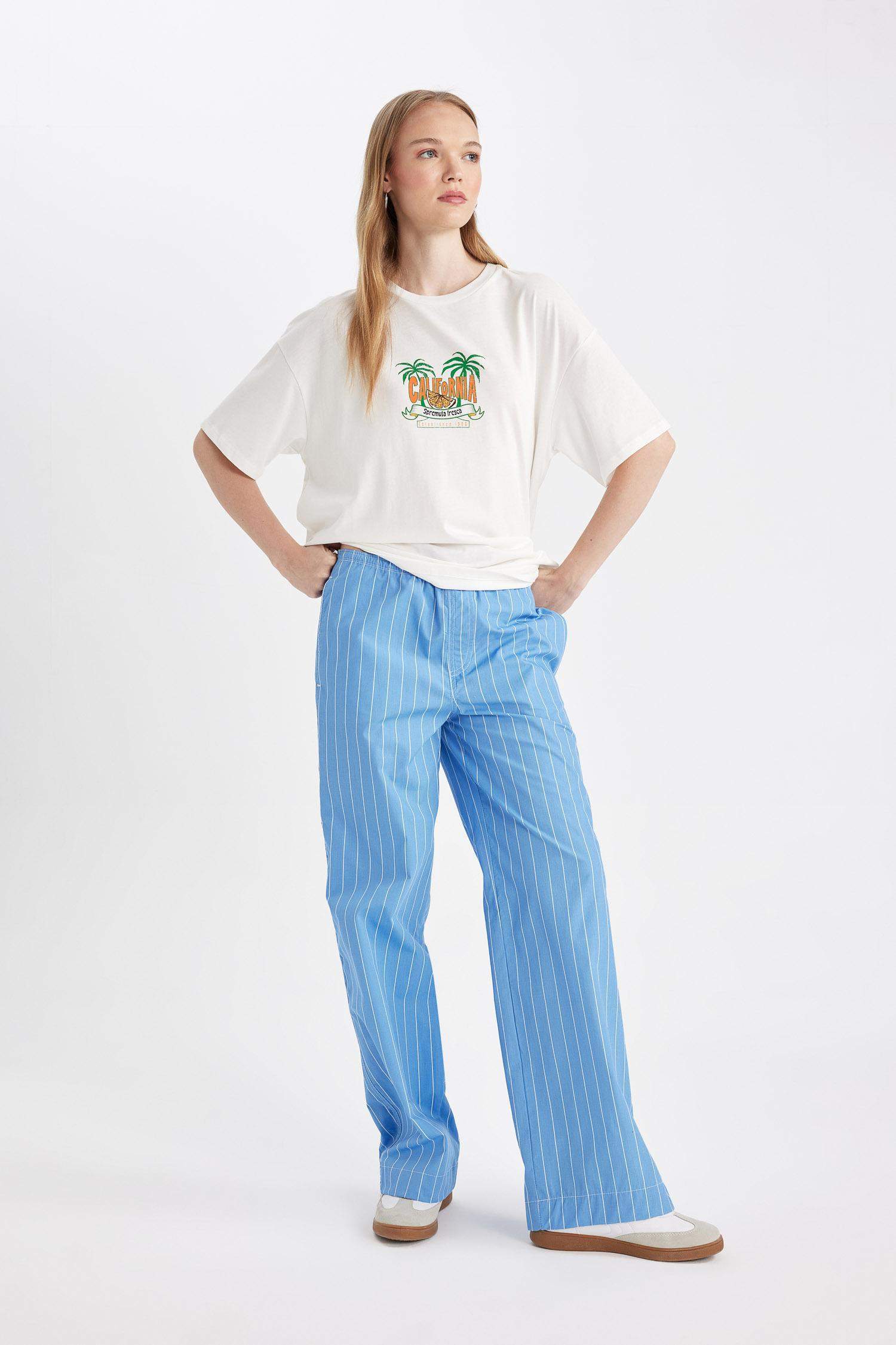 سروال مخطط بوبلين قصة مستقيمة بخصر عادي