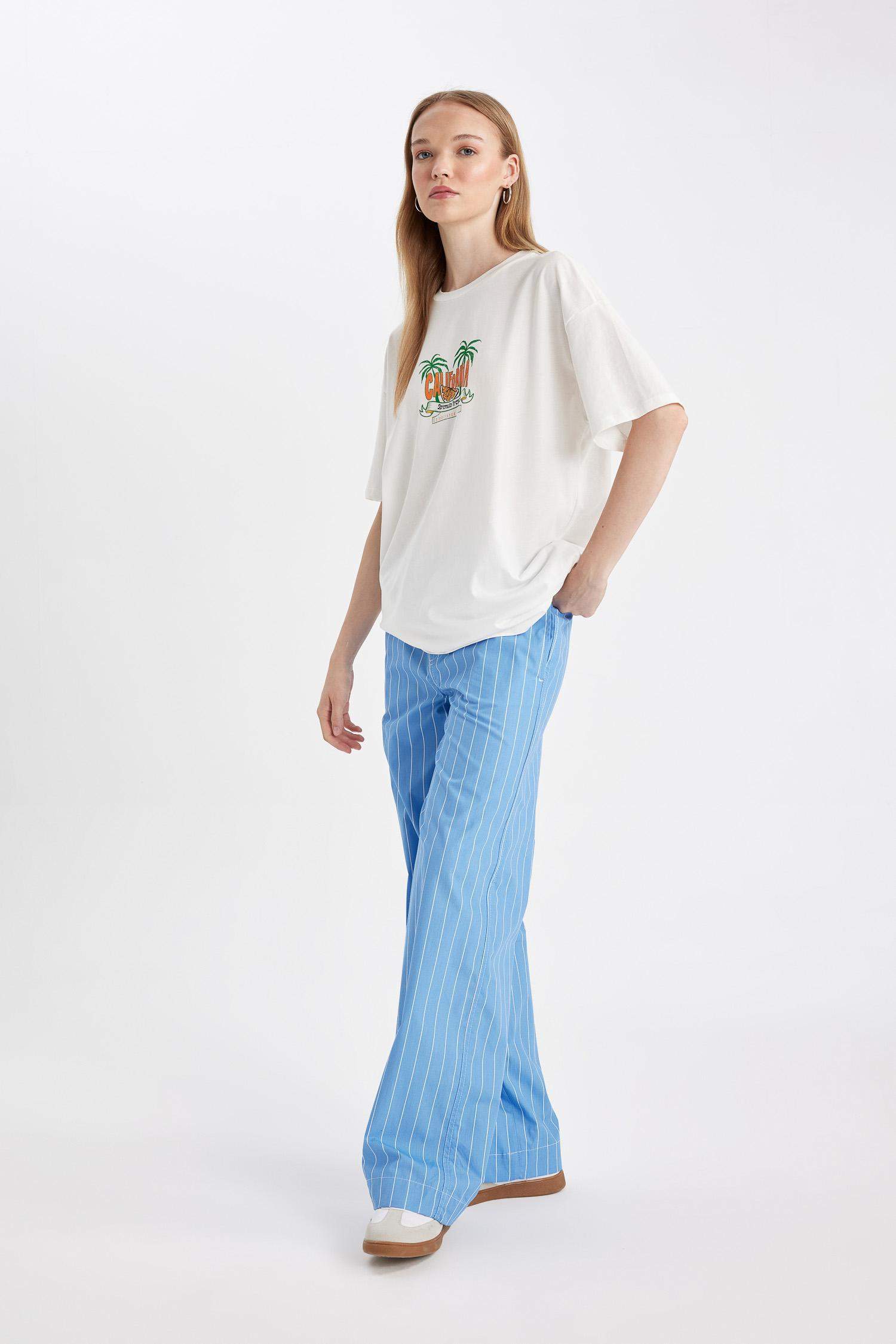 سروال مخطط بوبلين قصة مستقيمة بخصر عادي