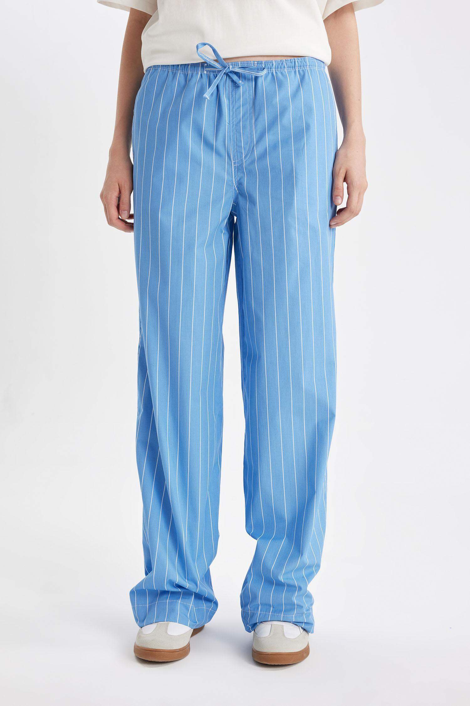 سروال مخطط بوبلين قصة مستقيمة بخصر عادي