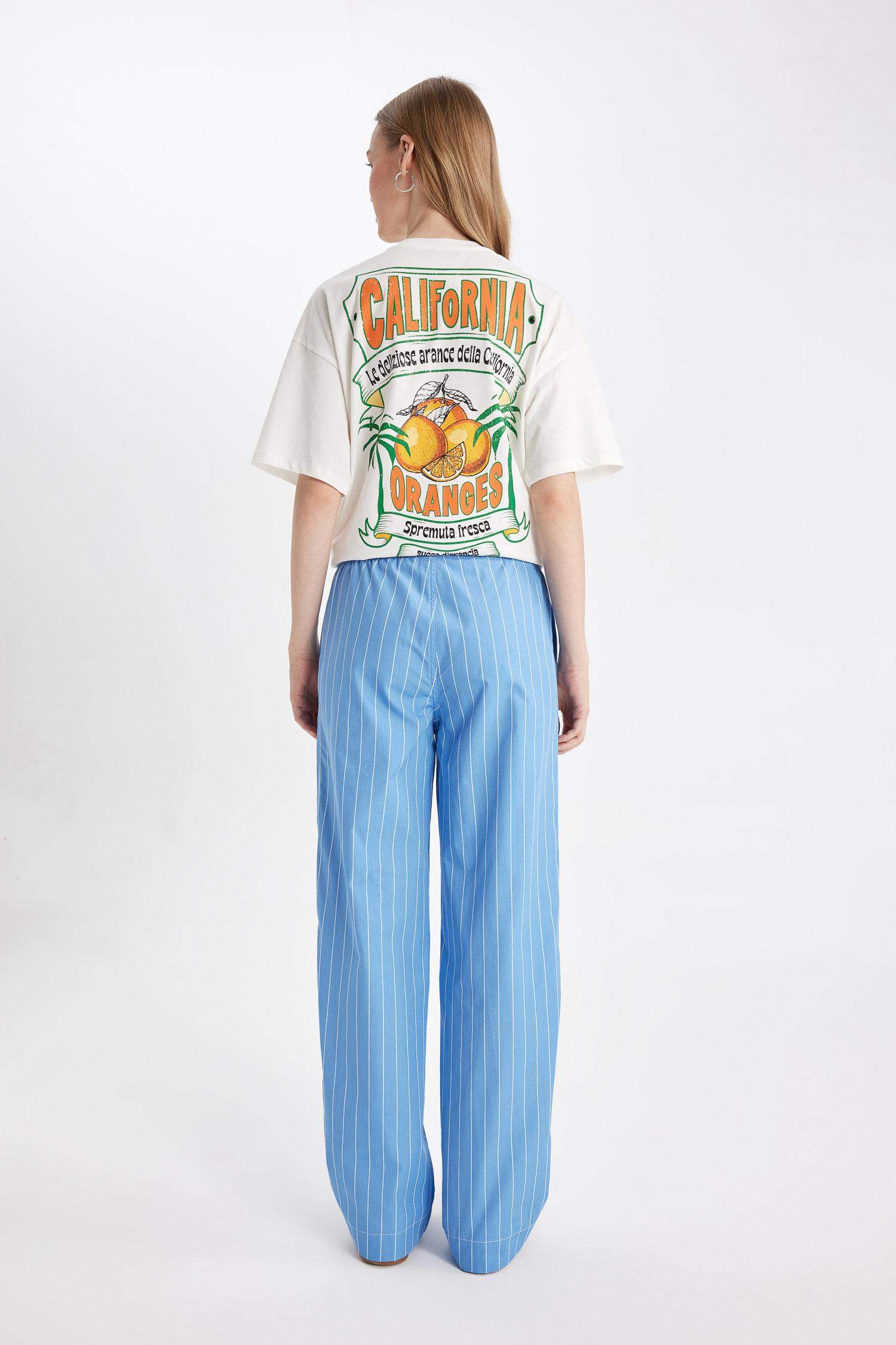 سروال مخطط بوبلين قصة مستقيمة بخصر عادي